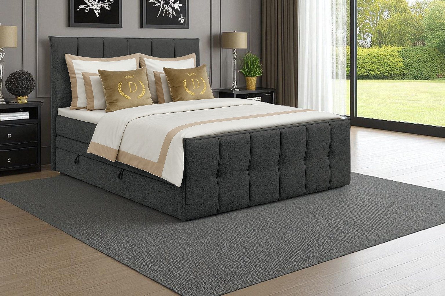 KS Home Concept Boxspringbett mit Bettkasten 160x200 cm, Taschenfederkern Matratze, Anthrazit (Bett + Topper), SUPREME Boxspringbett mit Bettkästen, Topper & Härtegrad H4