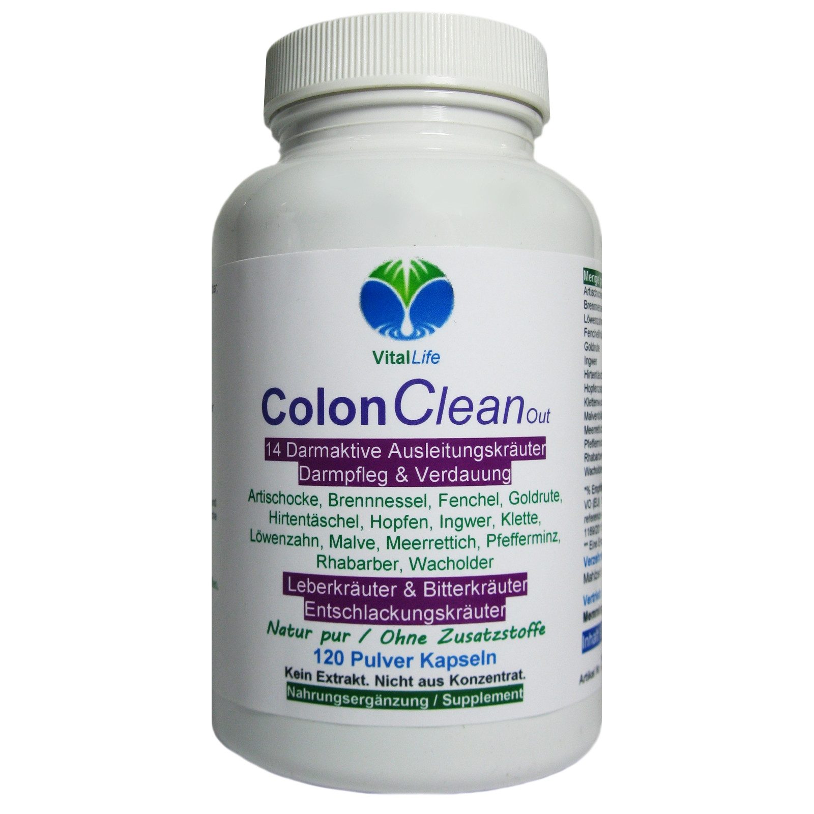 VitalLife Colon CleanOut 14 Kräuter + Bitterstoffe Komplex - Ohne Zusatzstoffe - Kapseln, 1 er Dose à 120 St., 49,8 g, Art. 26540-120