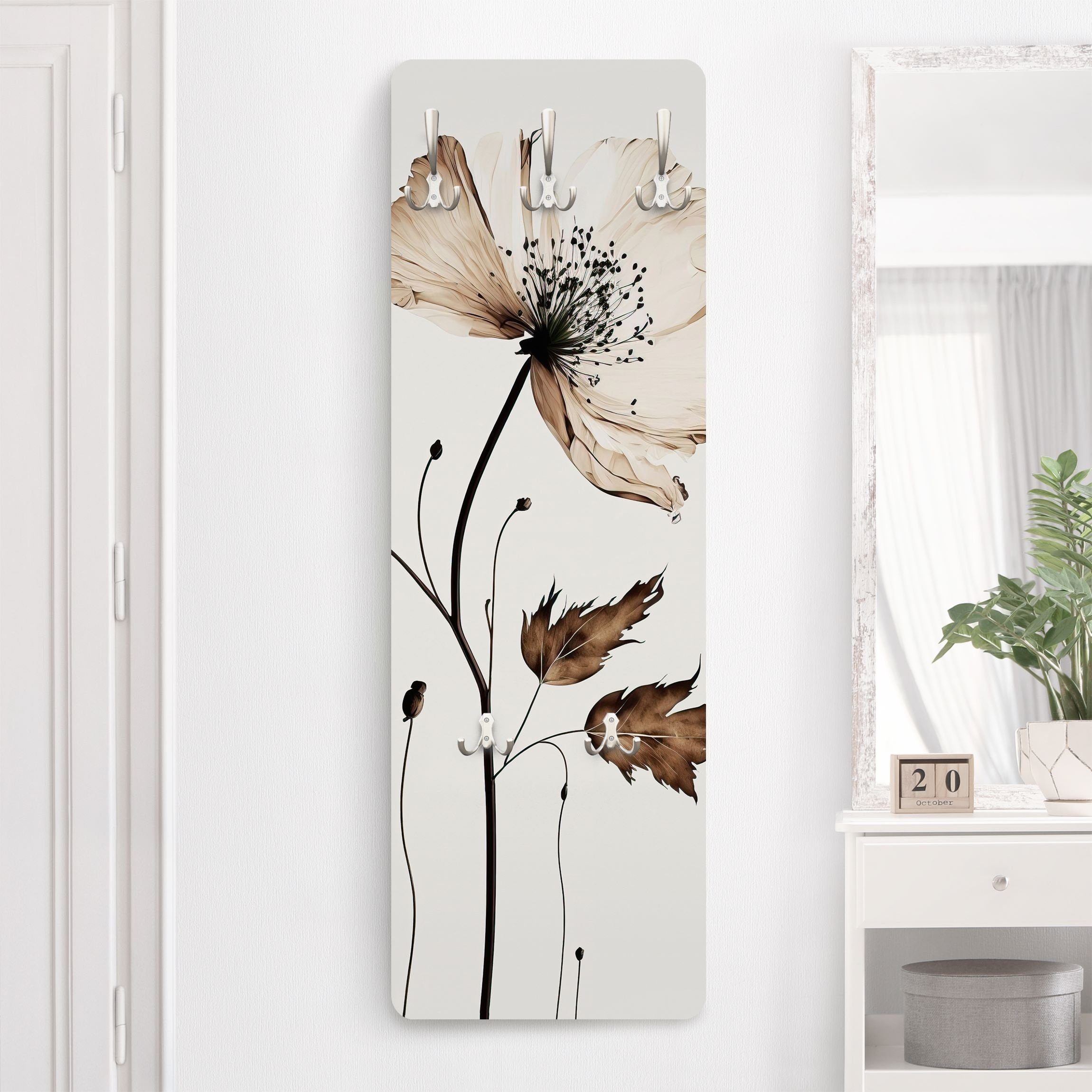 Bilderdepot24 Garderobenpaneel braun Blumen Floral Transparente Blüte Braun Design (ausgefallenes Flur Wandpaneel mit Garderobenhaken Kleiderhaken hängend), moderne Wandgarderobe - Flurgarderobe im schmalen Hakenpaneel Design