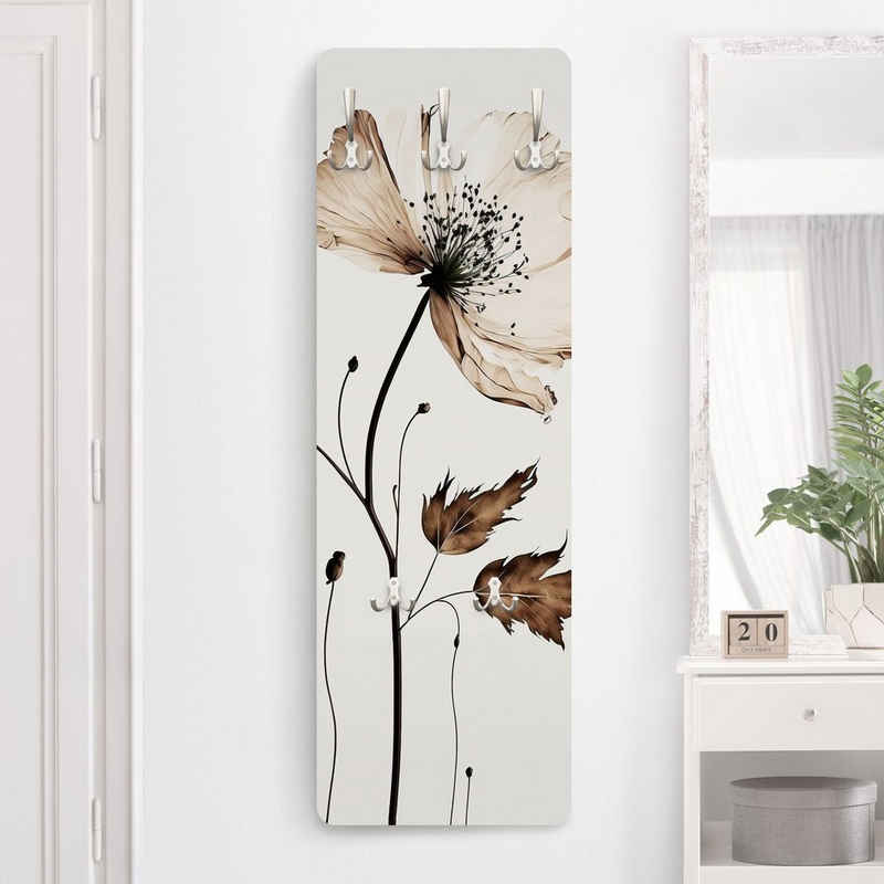 Bilderdepot24 Garderobenpaneel braun Blumen Floral Transparente Blüte Braun Design (ausgefallenes Flur Wandpaneel mit Garderobenhaken Kleiderhaken hängend), moderne Wandgarderobe - Flurgarderobe im schmalen Hakenpaneel Design