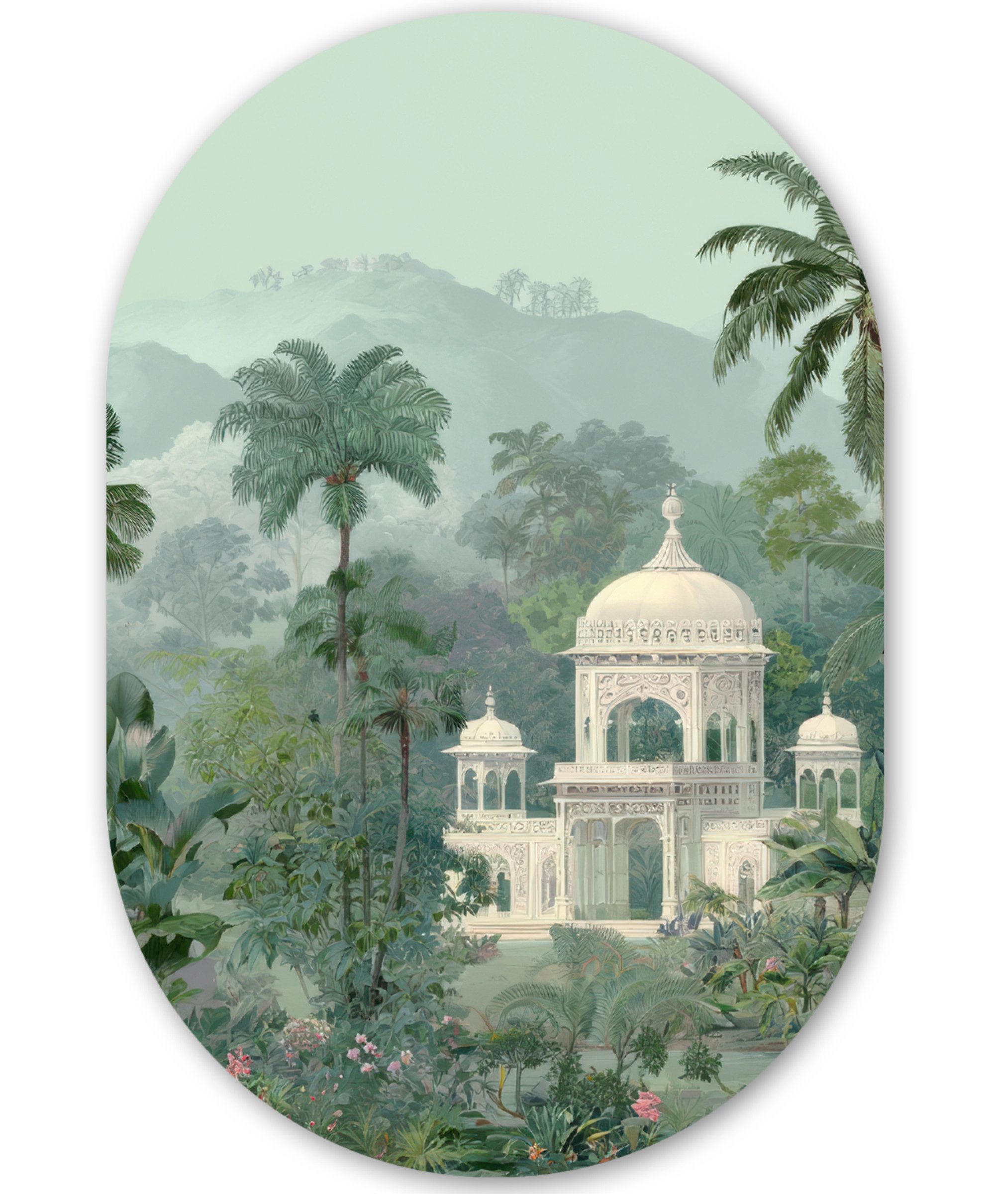 MuchoWow Картина Tropischer Garten - Kuppelgebäude - Blumen, Fotodruck (1 St), Wandbild Oval, Wohnzimmer oder Schlafzimmer Wanddekoration, 40x60 cm