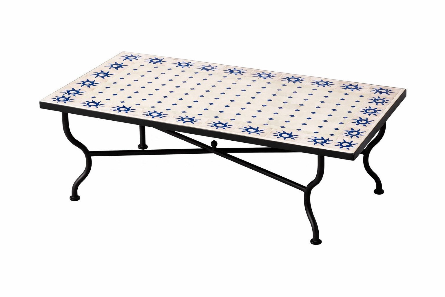 Marrakesch Orient & Mediterran Interior Gartentisch Marokkanischer Mosaiktisch Soleil Beige Blau 120x80cm, 45cm hoch, Handarbeit