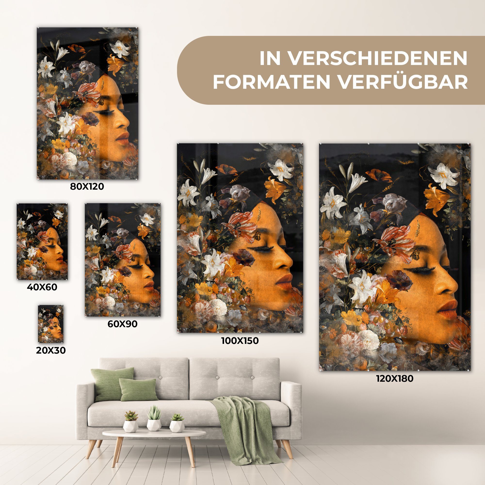 auf Frau - (1 Blumen Glas Wanddekoration St), Foto Wandbild - Bilder Glas - MuchoWow Acrylglasbild - auf - Farben, Glasbilder