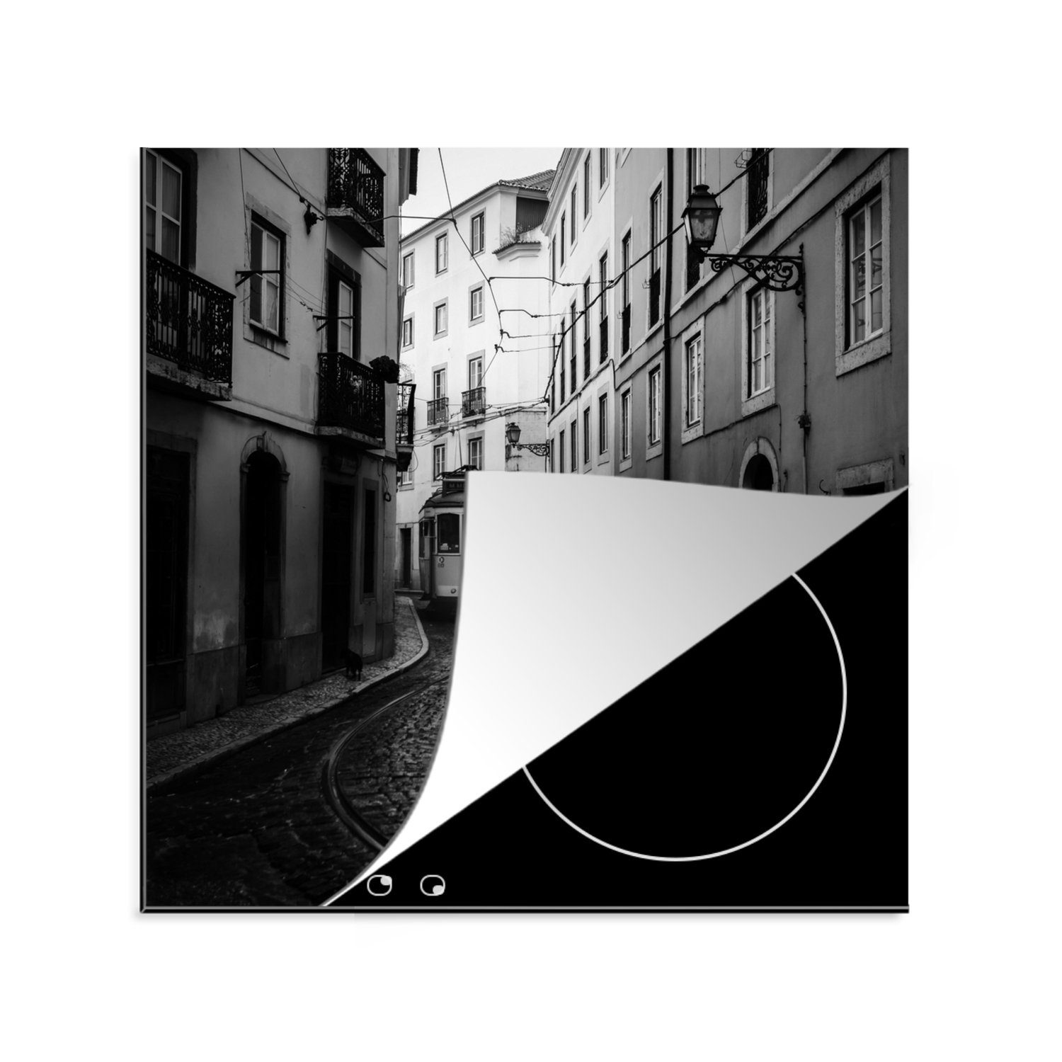 MuchoWow Herdblende-/Abdeckplatte Lissabon - Straße - Schwarz - Weiß, Vinyl, (1 tlg), 78x78 cm, Ceranfeldabdeckung, Arbeitsplatte für küche