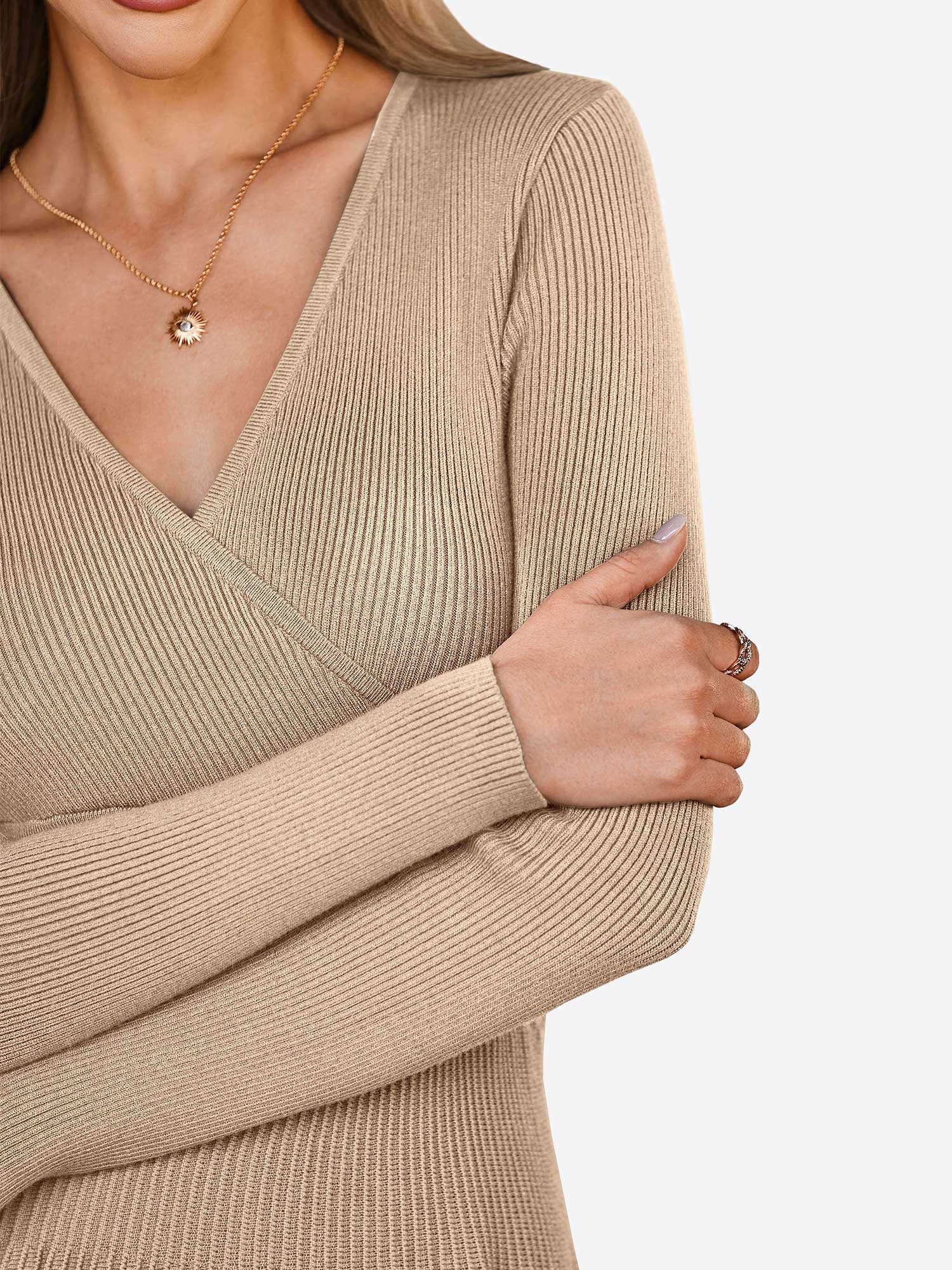 Imily Bela Strickkleid Damen Langarm Midi Pullover Kleid Wrap V-Ausschnitt (Packung, 1-tlg., 1per-Pack) Faltenrock