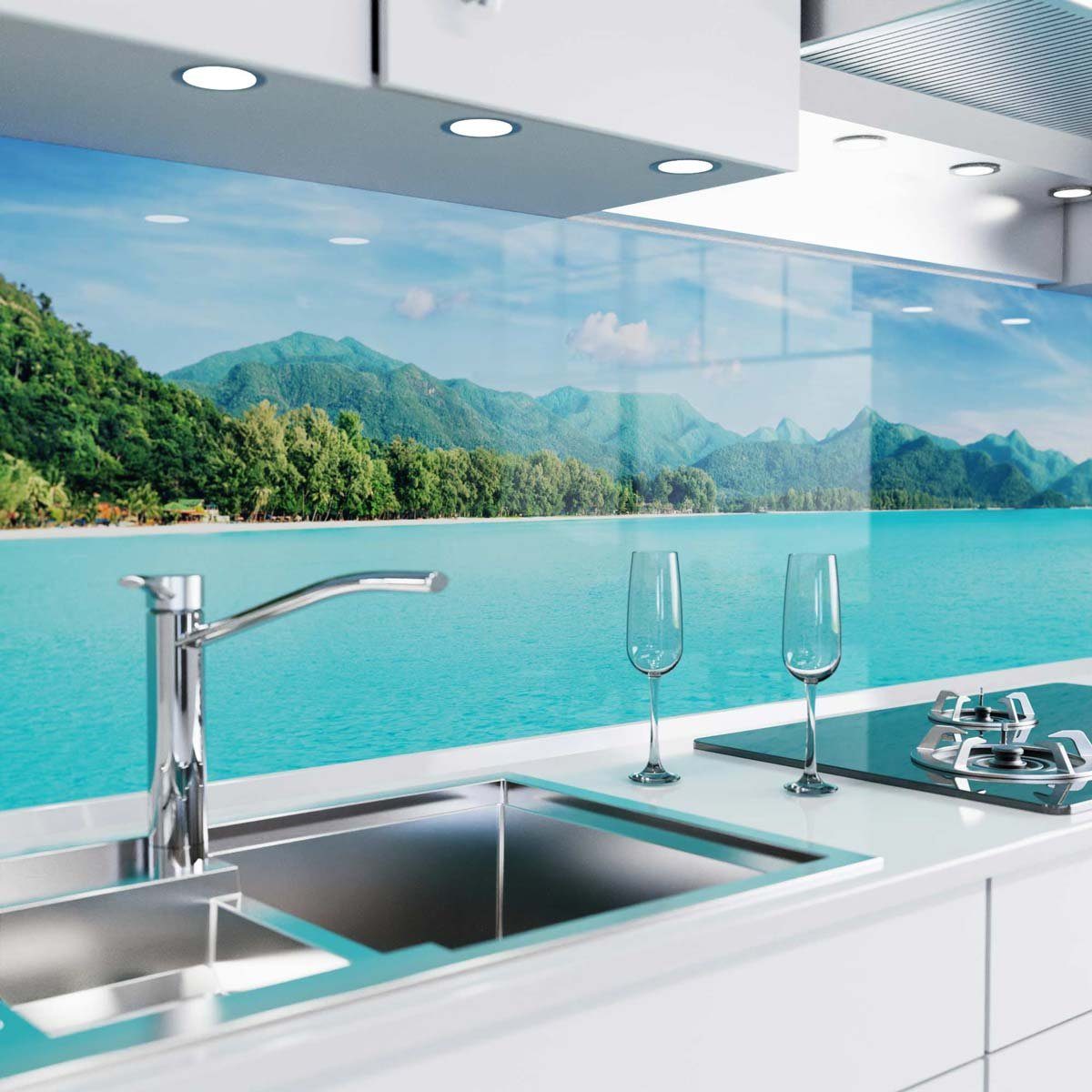 danario Küchenrückwand selbstklebend - Glasoptik - Spritzschutz Küche - versteifte PET Folie Tropisches Paradies