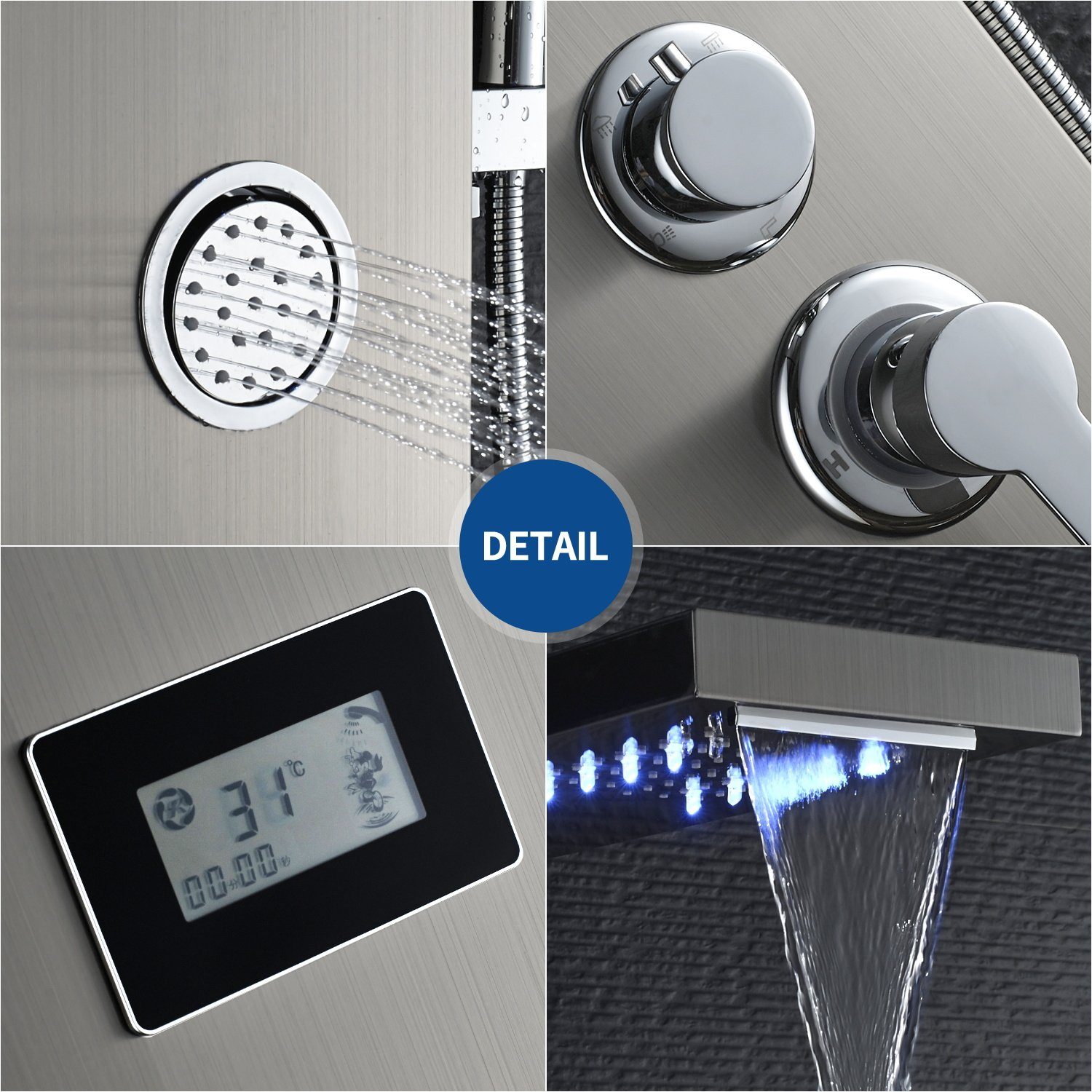 Auralum Duschsystem 5-Funktion mit Duschsäule Edelstahl LED Wassertemperatur-Display Dusch Duschpaneel Handbrause, Badezimmer Duschset