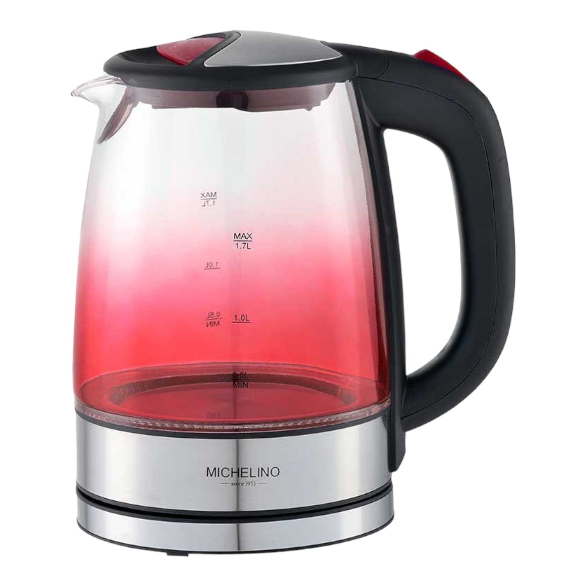 Michelino Wasserkocher 1,7 Liter Glas mit Farbverlauf rot Farbverlauf und LED, 2200,00 W