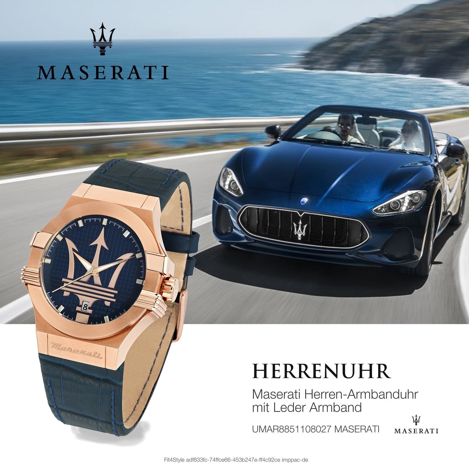 Analog, rundes Leder Lederarmband, Quarzuhr 40mm) MASERATI blau Gehäuse, Armband-Uhr (ca. Maserati groß Herrenuhr