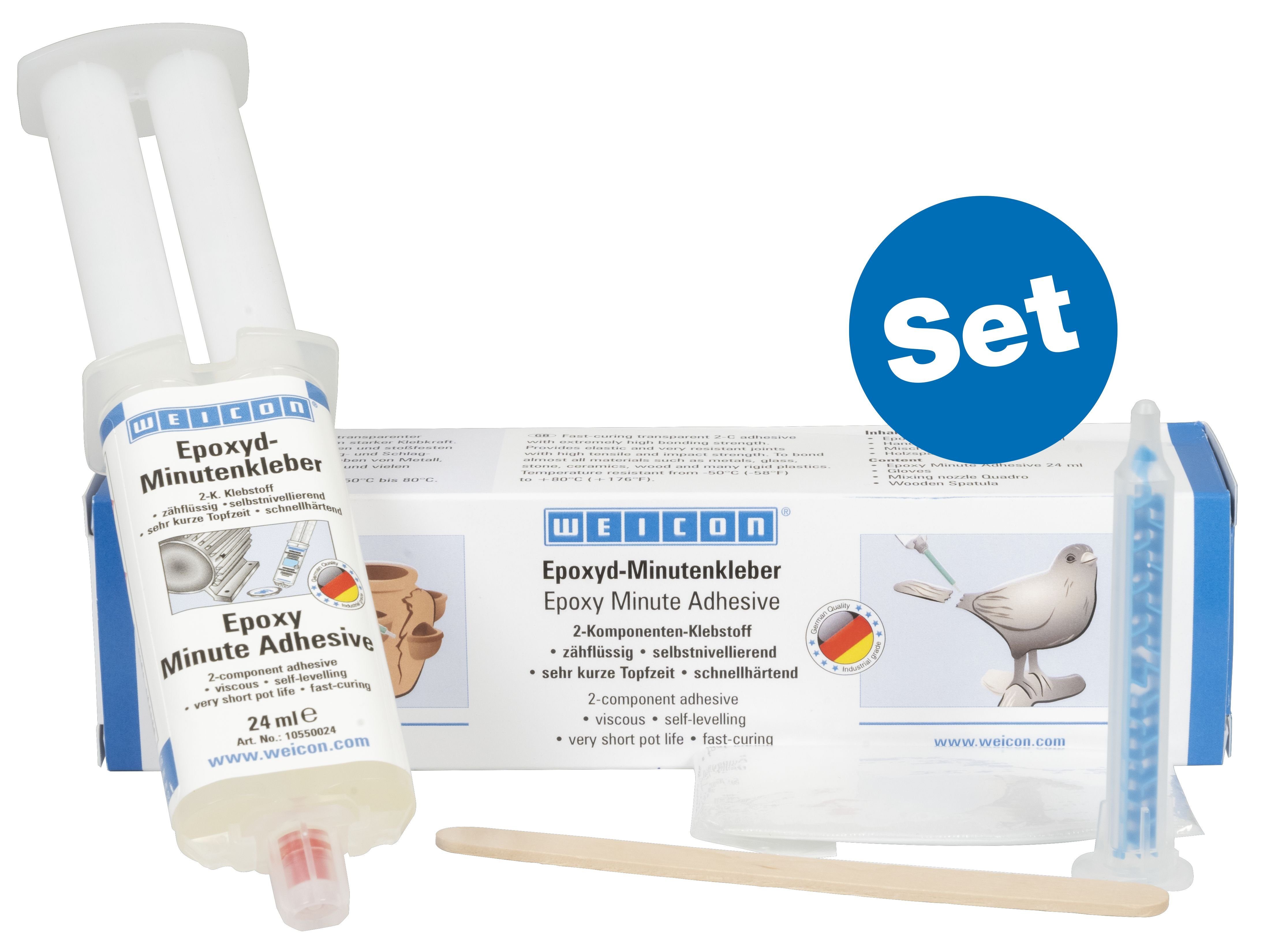 WEICON Klebstoff Epoxyd-Minutenkleber, universeller Epoxidharzklebstoff, transparent, (Set, 3-tlg), schnellhärtend