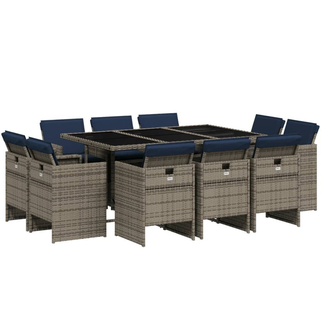vidaXL Gartenlounge-Set 11-teiliges Garten-Ess-Set mit Kissen, grau, Polyrattan, (10-tlg)