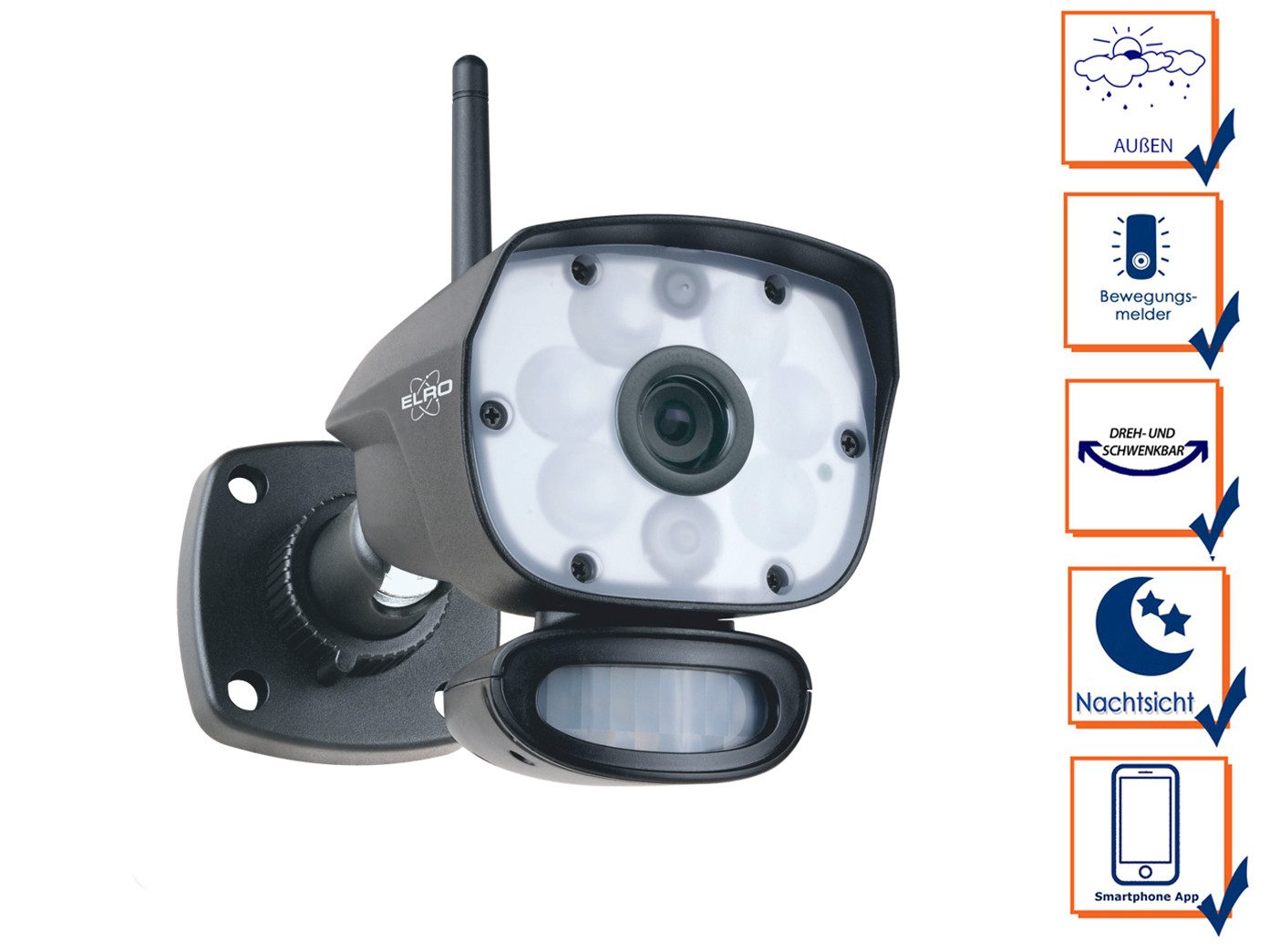Elro Outdoor-Kamera (WLAN (Wi-Fi), IP Überwachungskamera mit Live-Übertragung auf Handy Bewegungsmelder)