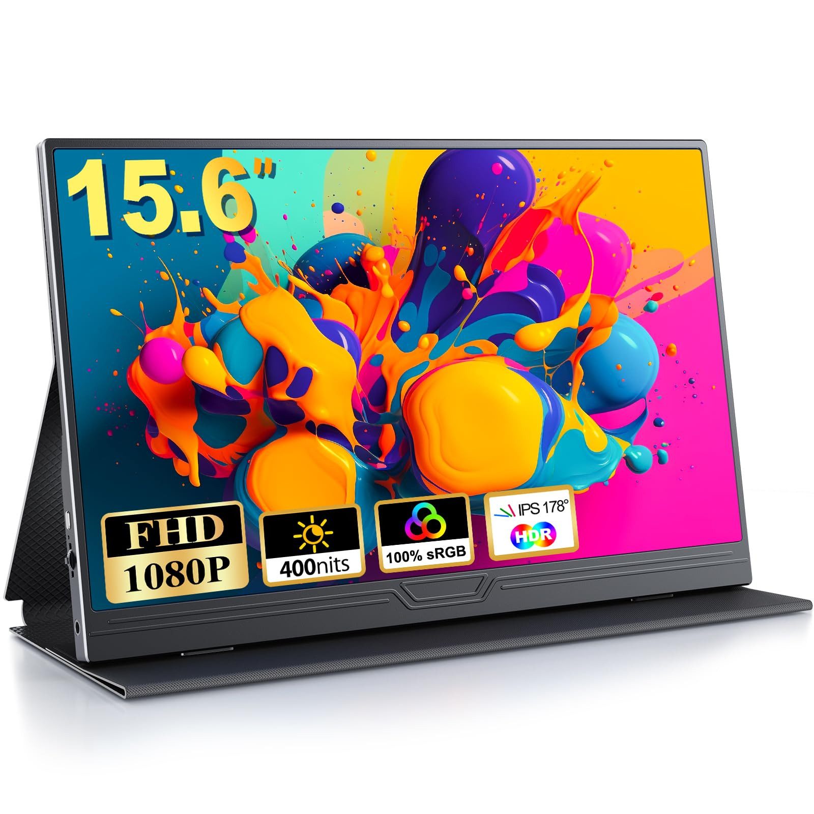 Bundviel Portable Monitor 15.6 Zoll Tragbarer Mobiler Monitor FHD 1080 HDR IPS Portabler Monitor (1920 x 1080 px, 2 ms Reaktionszeit, IPS)