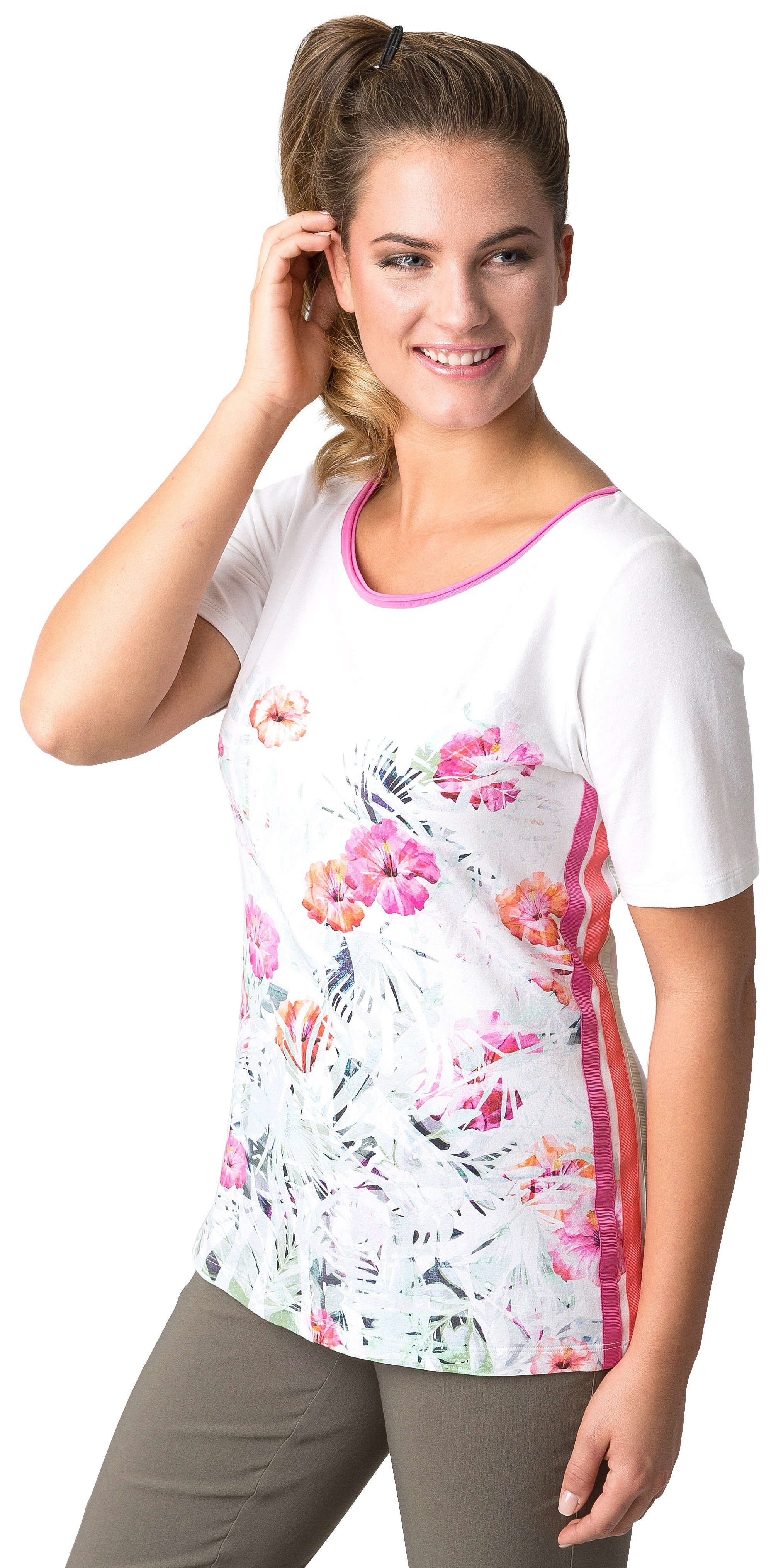 Le Comte T-Shirt mit Blütendruck und seitlichen Kontraststreifen