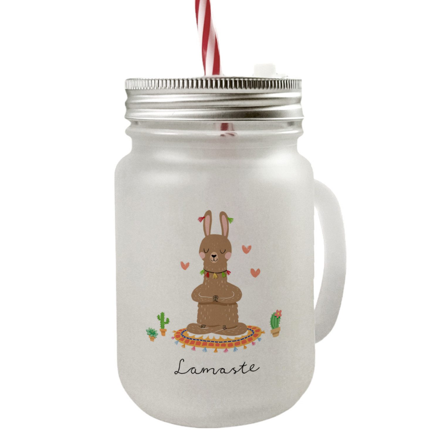 Glas Lama Mason Jar Henkel Trinkglas mit Deckel mit Spruch Lamaste