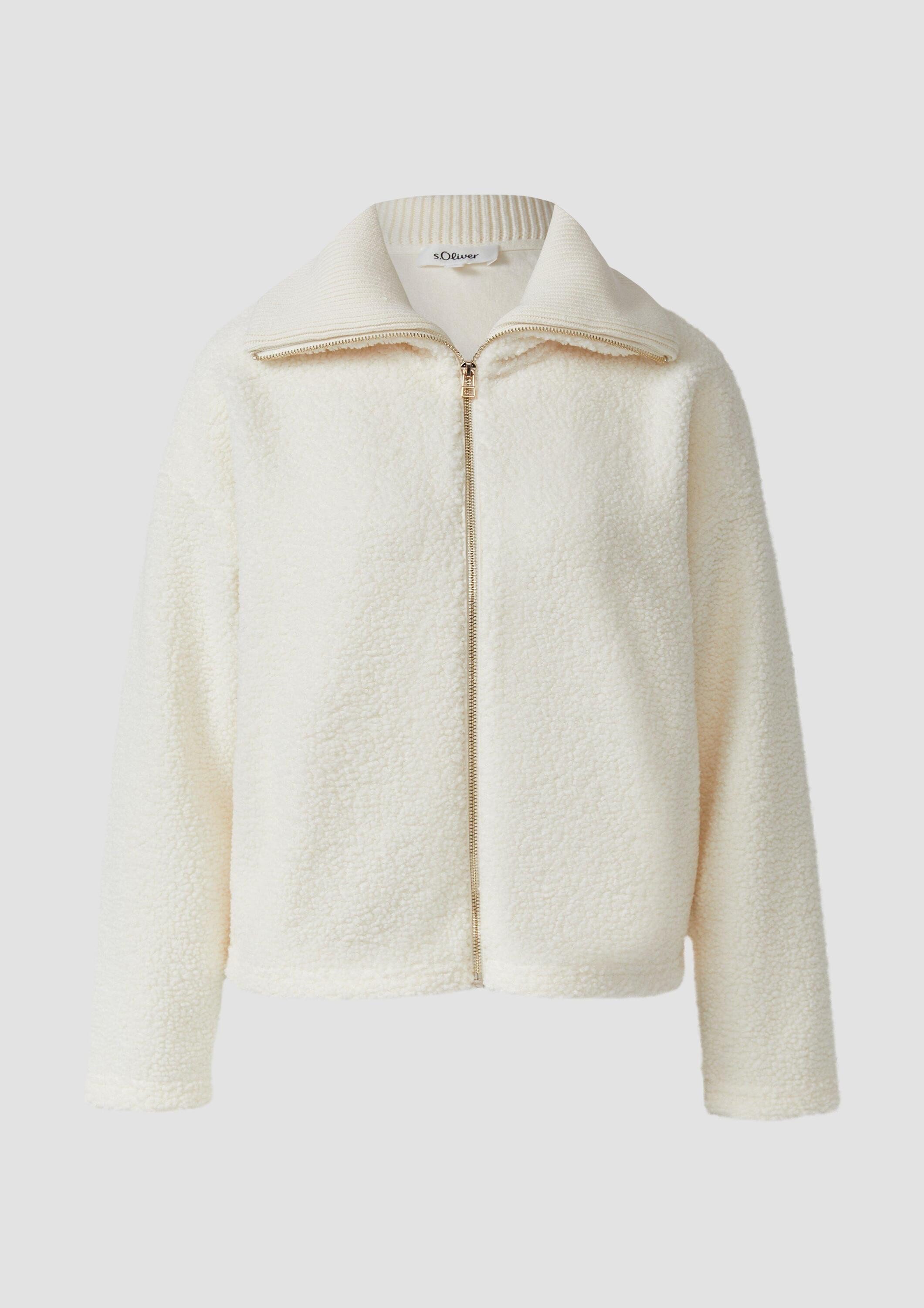 s.Oliver Sweatjacke Sweatshirt Jacke Leichte Teddyplüsch-Jacke mit Strickkragen