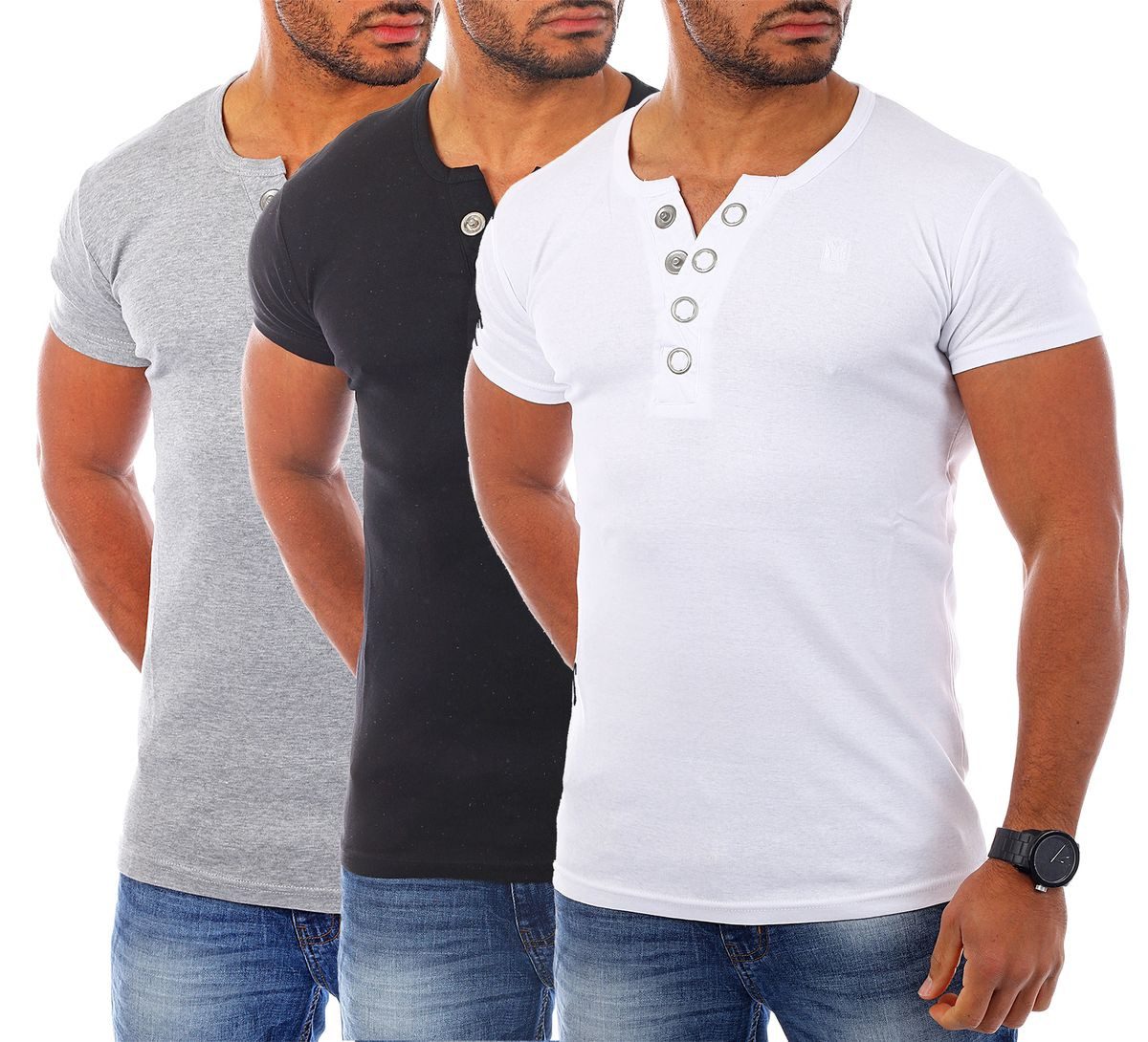 Young & Rich T-Shirt Herren basic fein gerippt mit trendigen extra großen Knöpfen 1872 mit Knopfleiste unifarben kurzarm slim fit