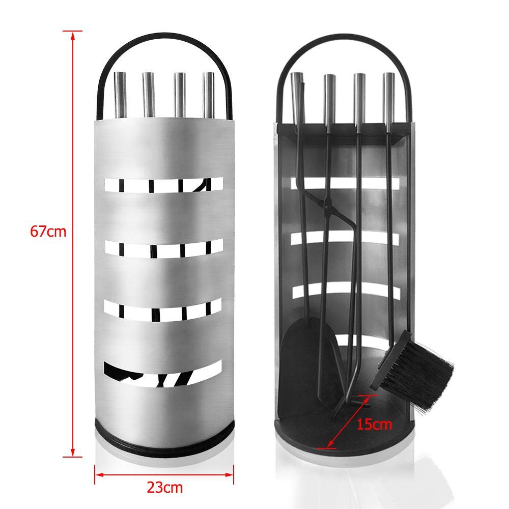 FIVMEN Kamingarnitur 5 teilig Kaminzubehör Edelstahl Kaminofen Kaminbesteck, mit Standfuß, Besen, Zange, Schürhaken, Ascheschaufel, Silber/Schwarz