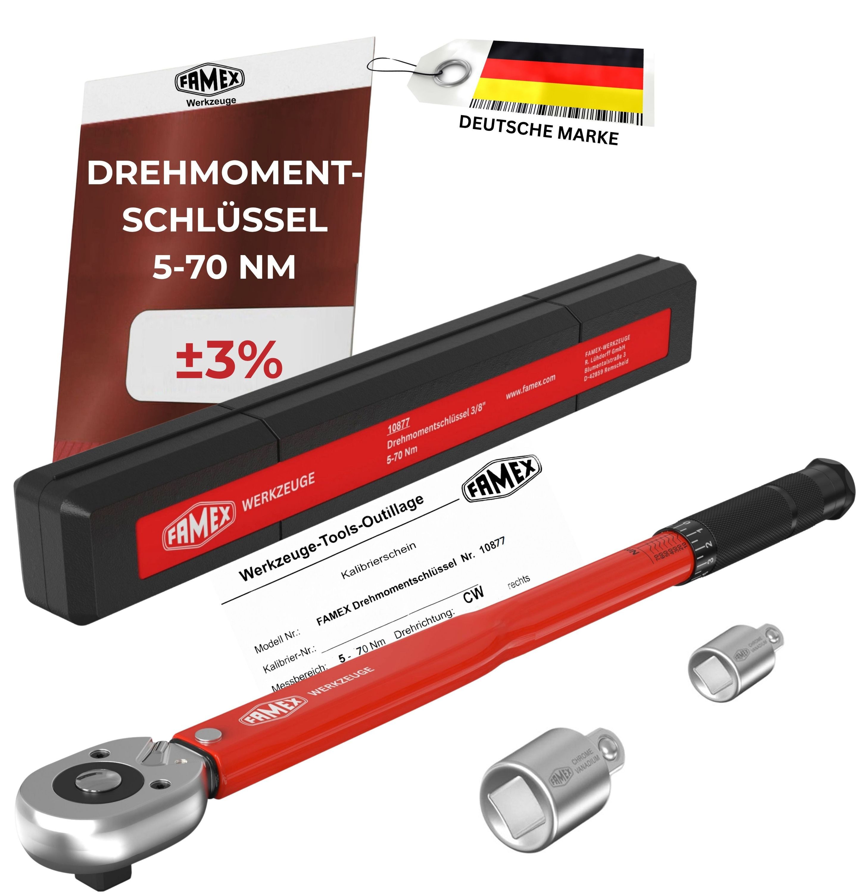 FAMEX Drehmomentschlüssel 10877 Drehmoment Schlüssel 3/8 Zoll (auf ±3% kalibriert, Auto, Adapter), mit Kalibrierschein, 5-70 Nm, Motorrad