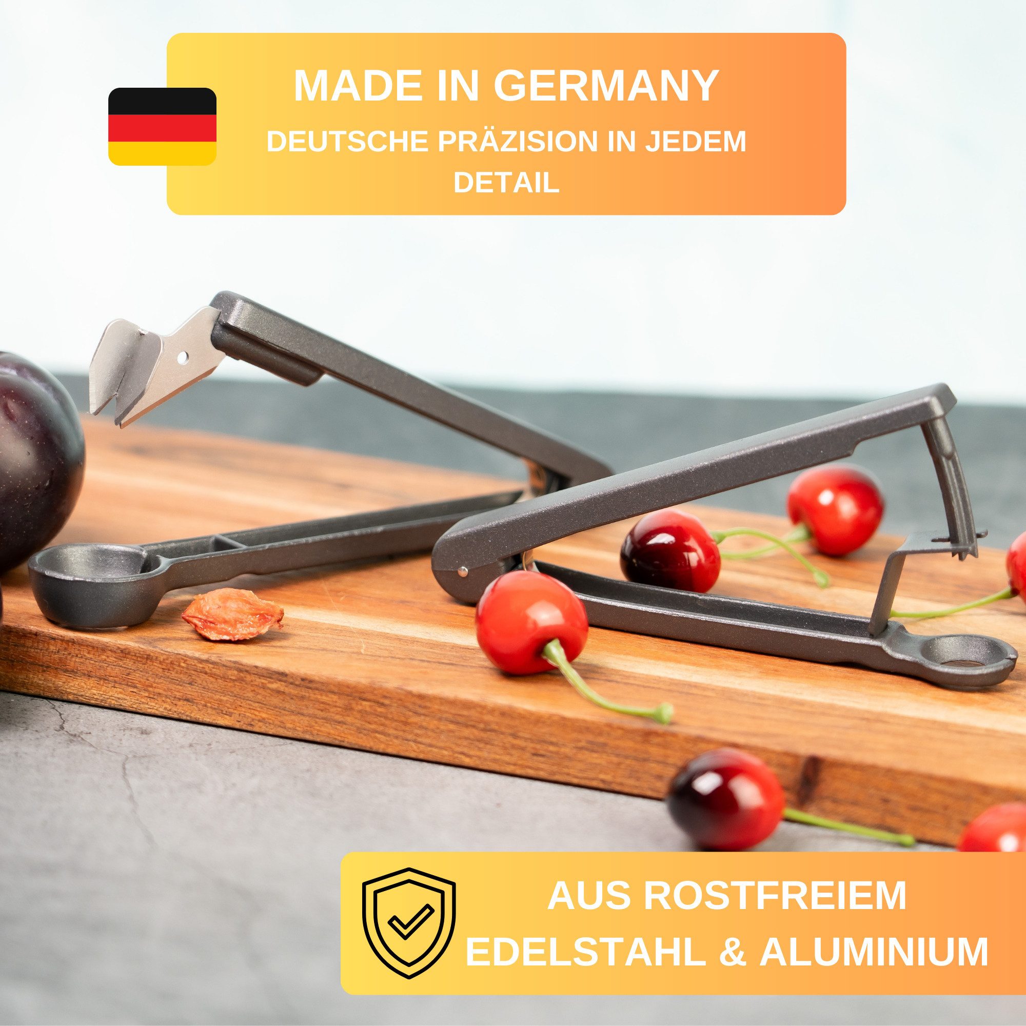 Thiru Entkerner mit robustem sternförmigen Entkernstößel, Kirsch-und Pflaumenentsteiner Set, Made in Germany, Sparset für Kirschen und Pflaumen