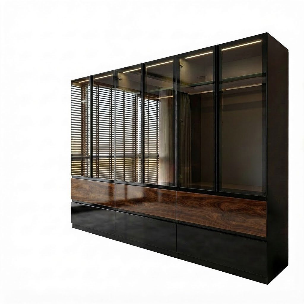 Palms-Store Kleiderschrank Sansibar mit Glastüren, 6 Schubkasten inkl. Beleuchtung Breite: 300cm, Höhe: 218cm, Tiefe: 62cm