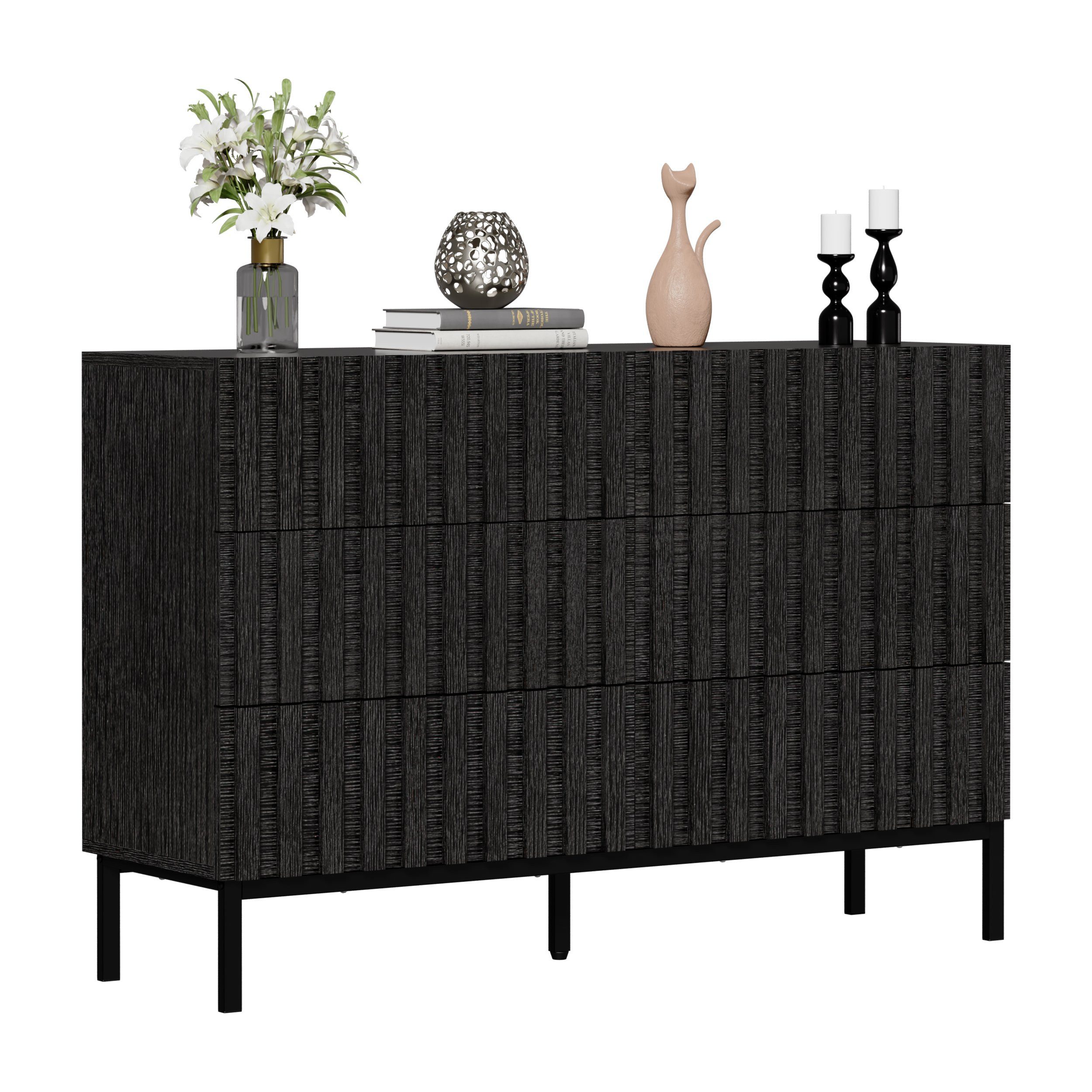UEV Kommode mit 6 Schubladen, Sideboard mit Lamellen (Küchenschrank Buffet TV Board Schrank mit Füße Aufbewahrungsschrank, Anrichte Schrank mit Metallfüßen, Highboard, Sideboard, Schmal kommode), 73,4 x 34,5 x 100cm für Wohnzimmer Schlafzimmer Flur