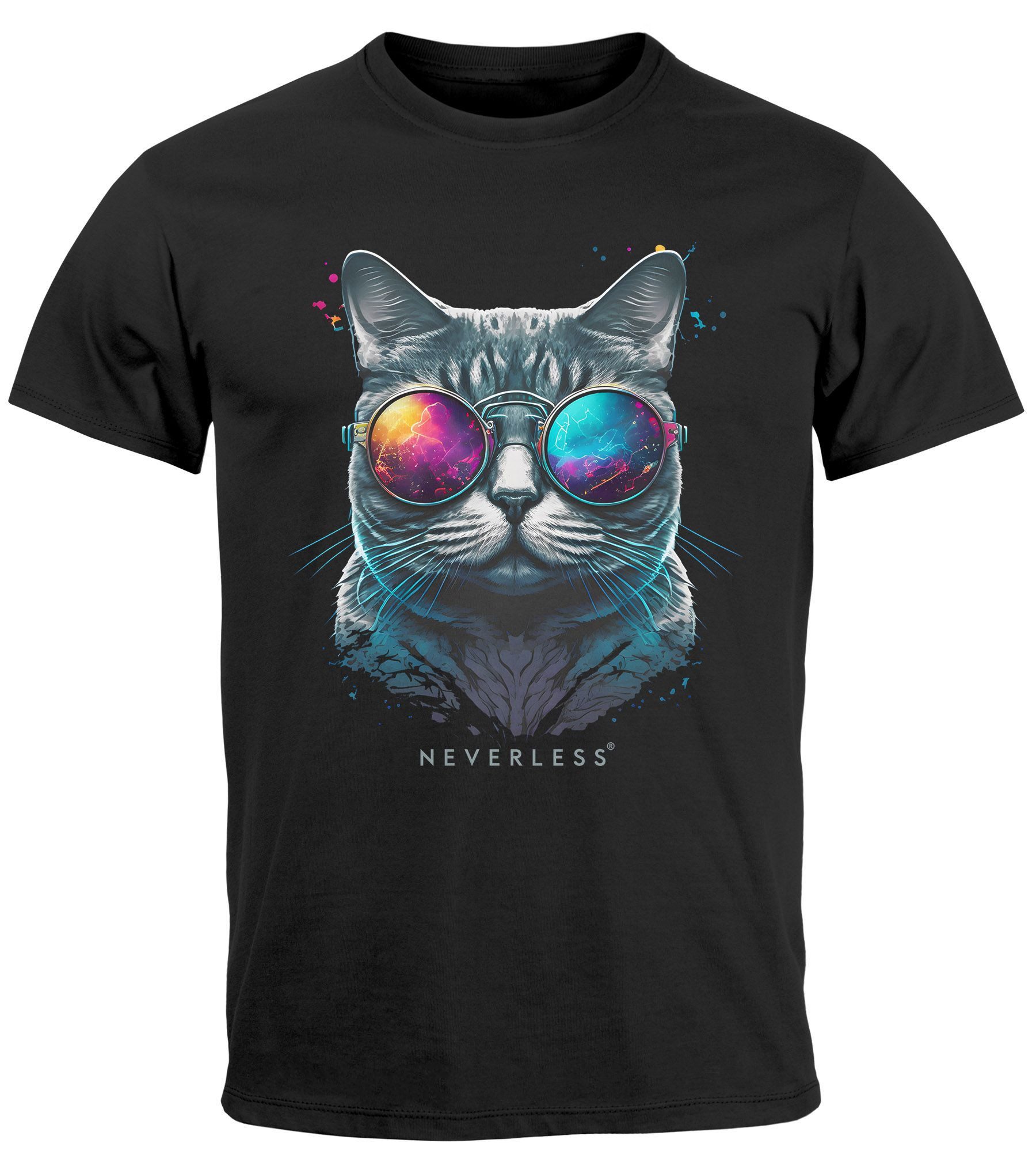 Neverless Print-Shirt Herren T-Shirt Aufdruck Katze günstig online kaufen