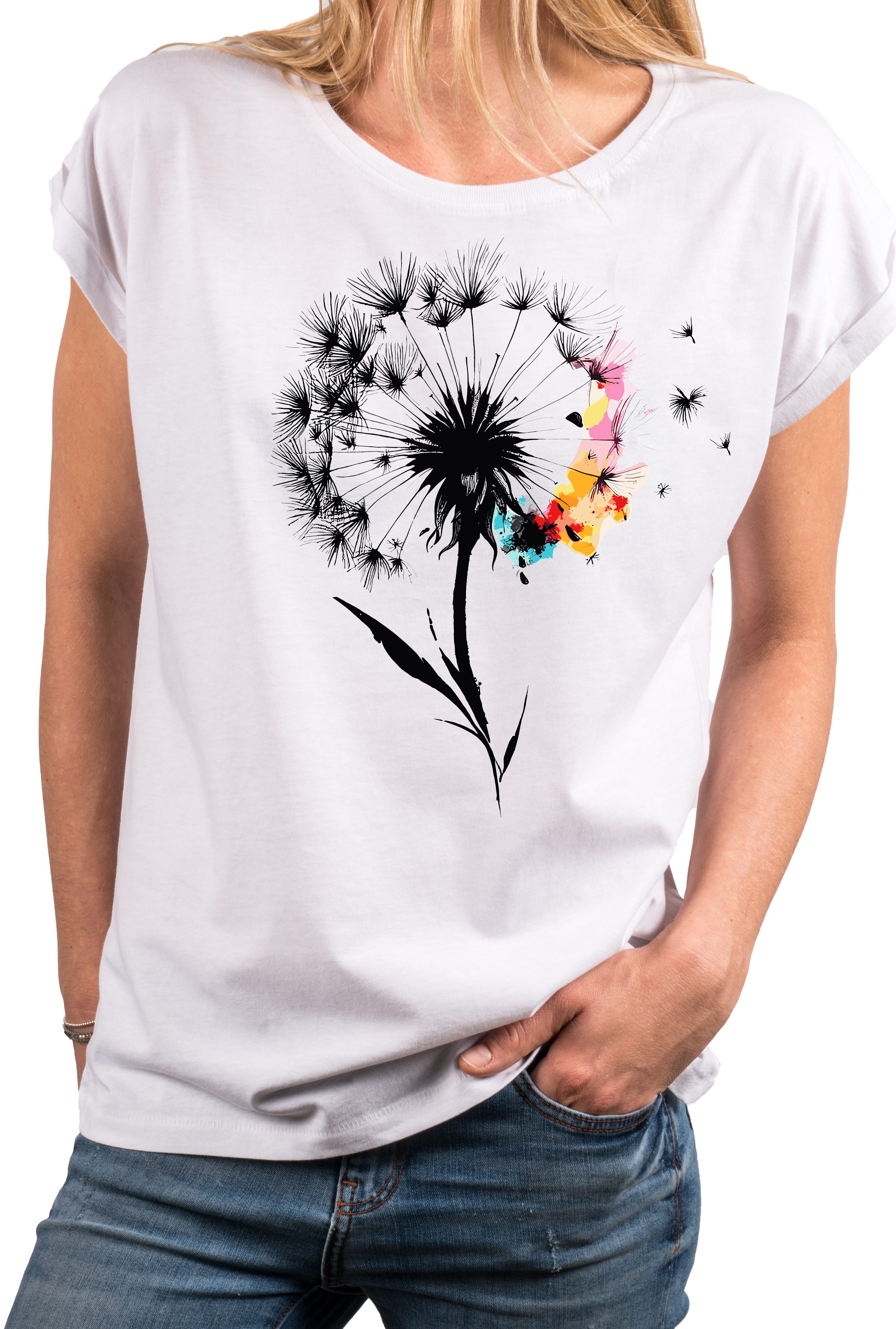 MAKAYA T-Shirt Damen-Top mit Pusteblumen-Print – florales Sommer-Shirt aus Baumwolle (Weiß, Rosa, Hellgrau, 34, 36, 38, 40, 42, 44, 46, 48, 50) Baumwolle