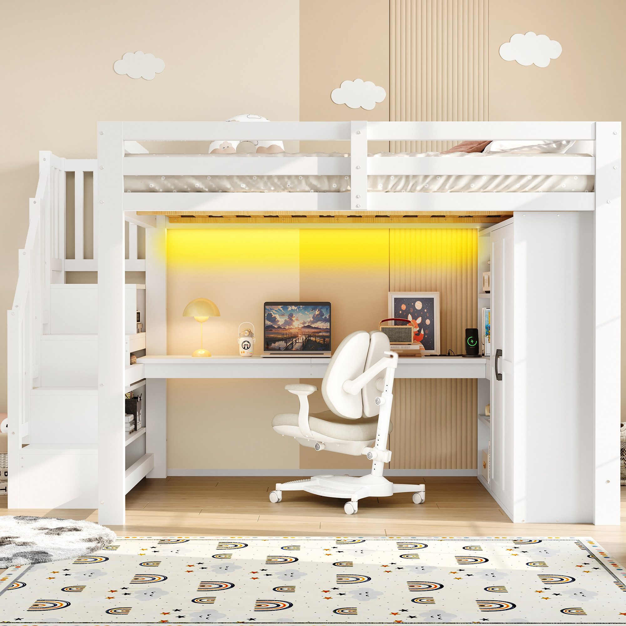 Flieks Hochbett Kinderbett 140x200cm Lichtleiste Schreibtisch Kleiderschrank Treppe – Bild 3 von 5