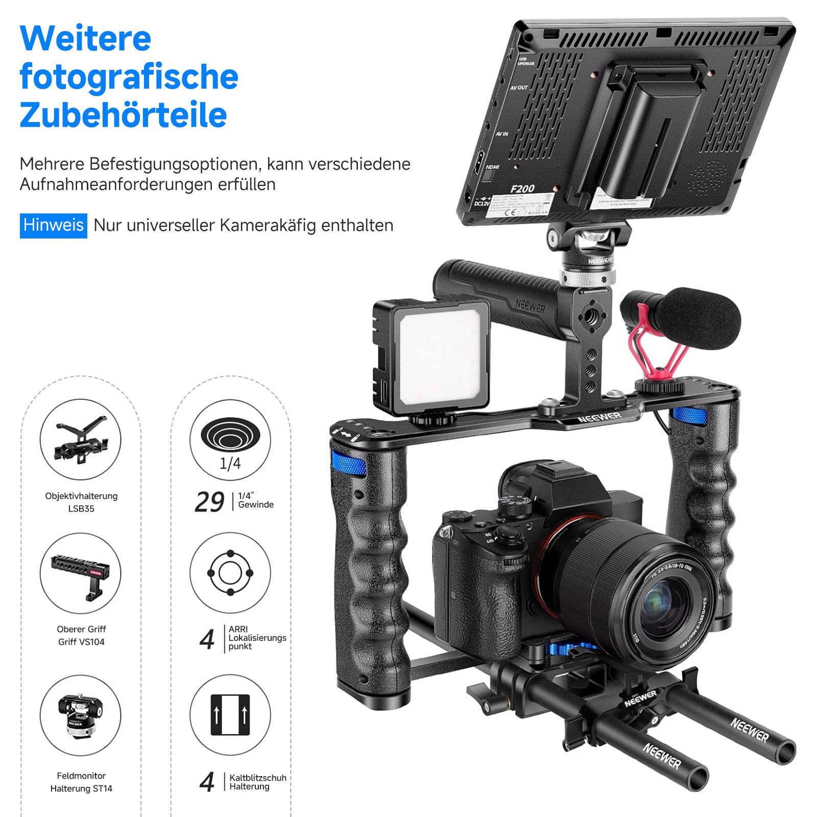 Neewer Kamerahalterung VS107 Montageset für Videokamera aus Aluminiumlegierung, mit 2 Griffen, (Packung, 15-mm-Schäften, für Sony Canon DSLR Mirrorless Kamera)