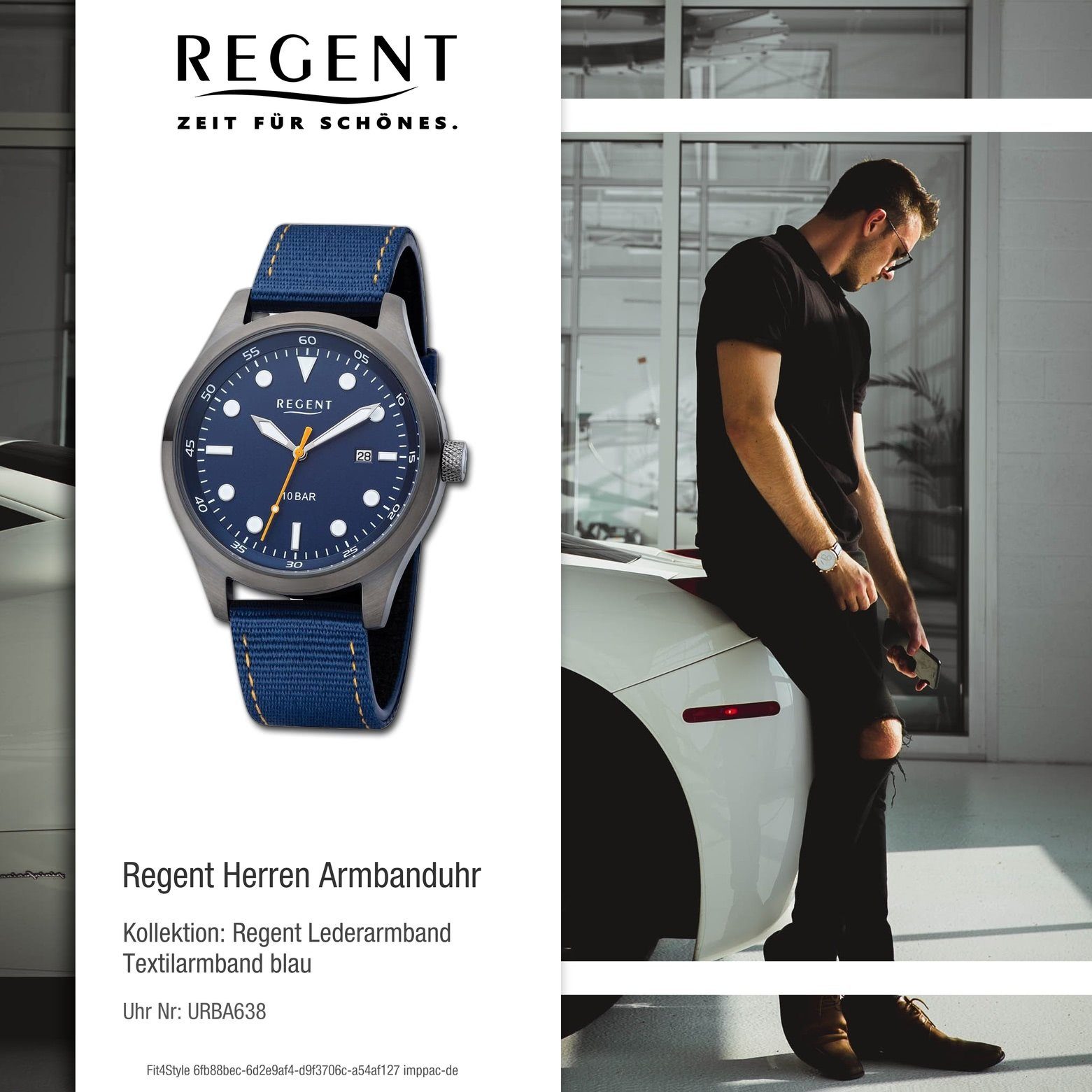 Regent Quarzuhr Regent Herren Armbanduhr Herren Armbanduhr 42mm), (ca. extra rund, Textilarmband Analog, groß