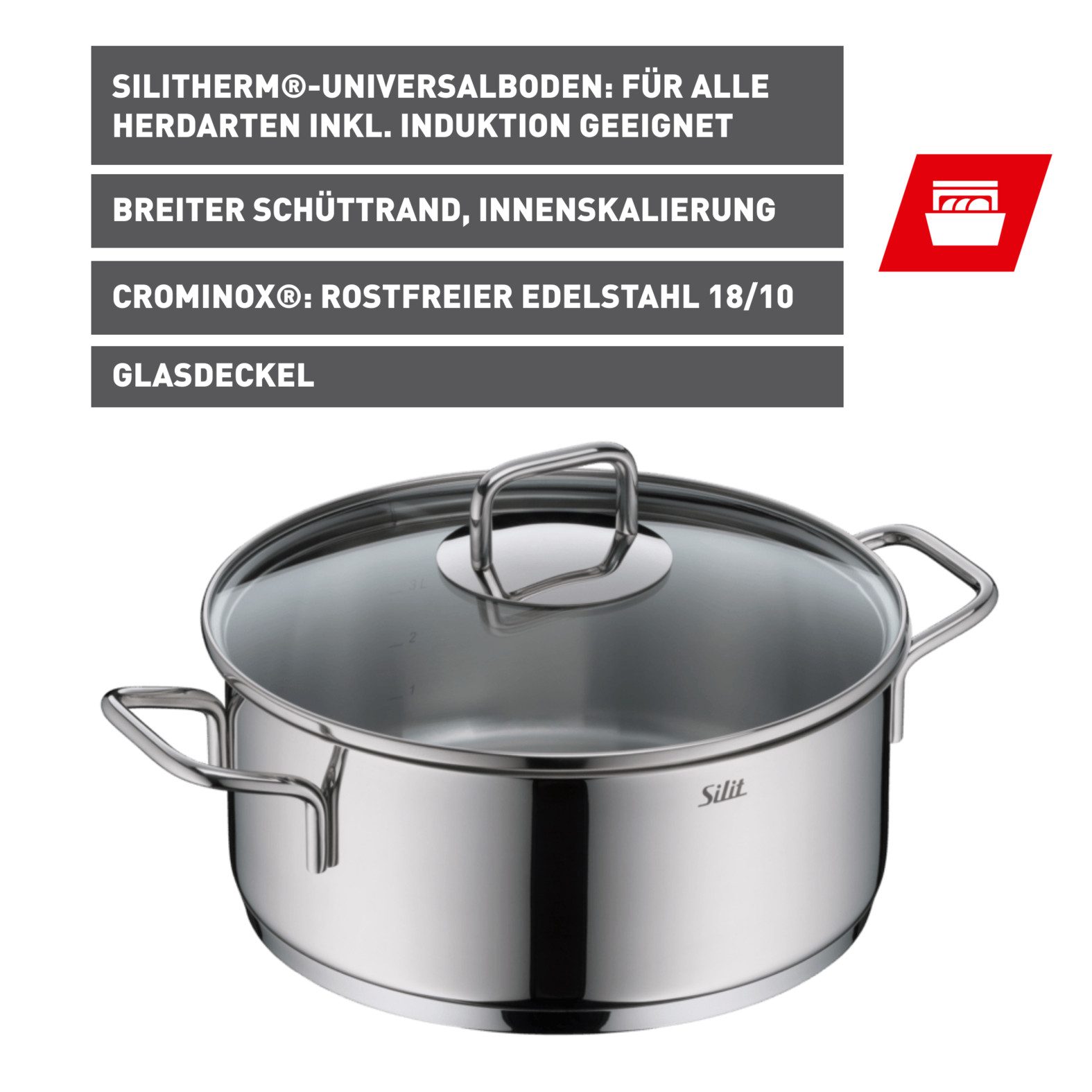 Silit Bratentopf Extra Cook, mit Glasdeckel, Edelstahl 18/10 (2-tlg), SiliTherm Universalboden, induktionsgeeignet, spülmaschinengeeignet