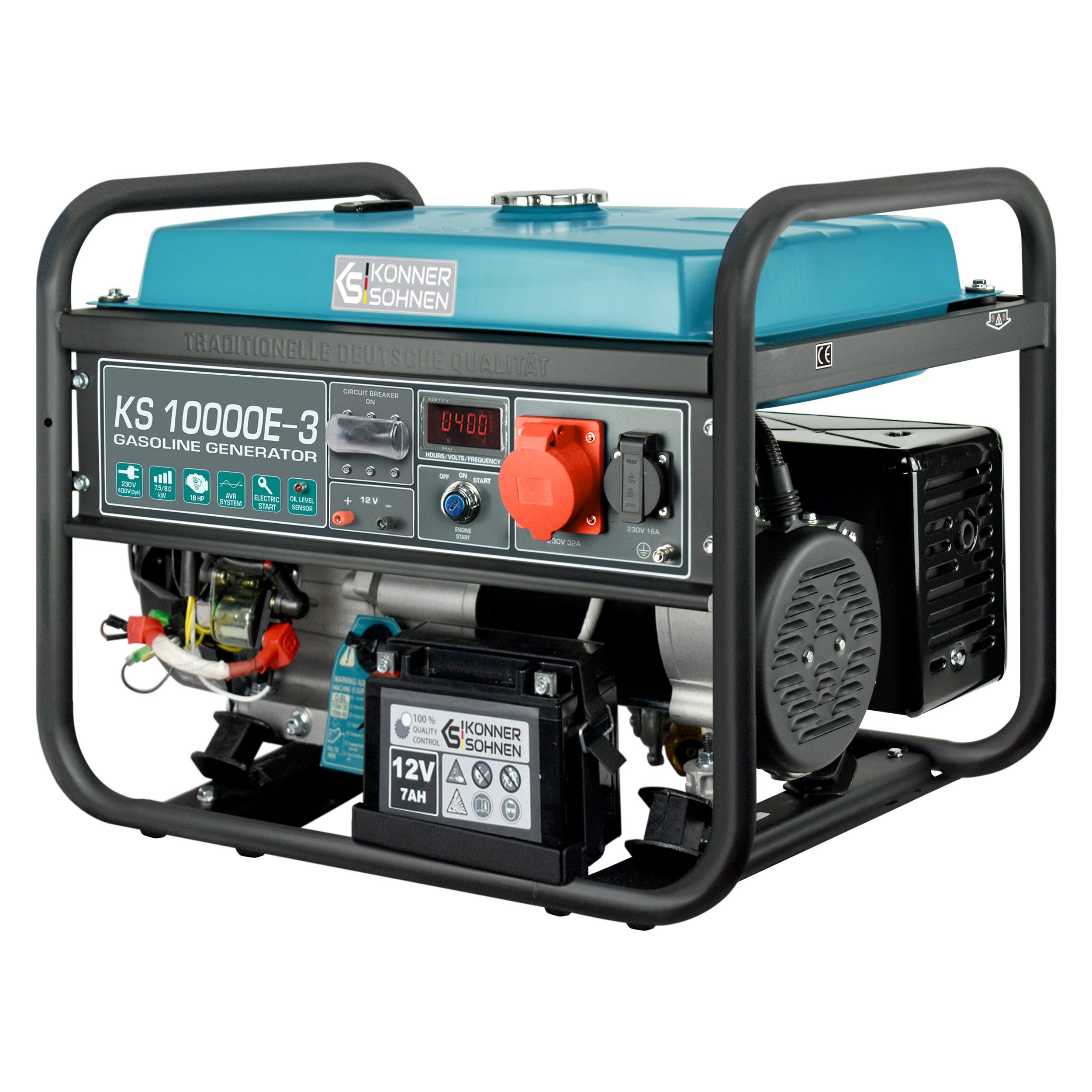 Könner & Söhnen Stromerzeuger KS 10000E-3, 8,00 in kW, (Benzin Stromerzeuger Generator, 1-tlg., 400V Drehstrom, 100% Kupfer), E-Start, japanischer Vergaser, 25L Tank, AVR & LED
