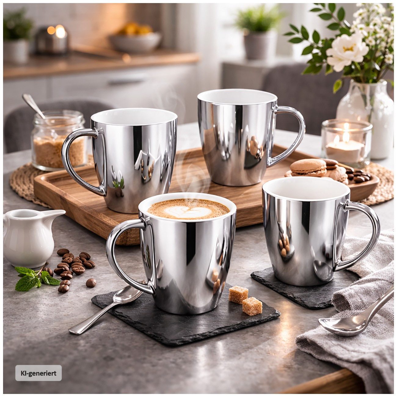 Neuetischkultur Tasse Becher Set silberfarben 4 teilig 250 ml mit Henkel, Keramik – Bild 2 von 3