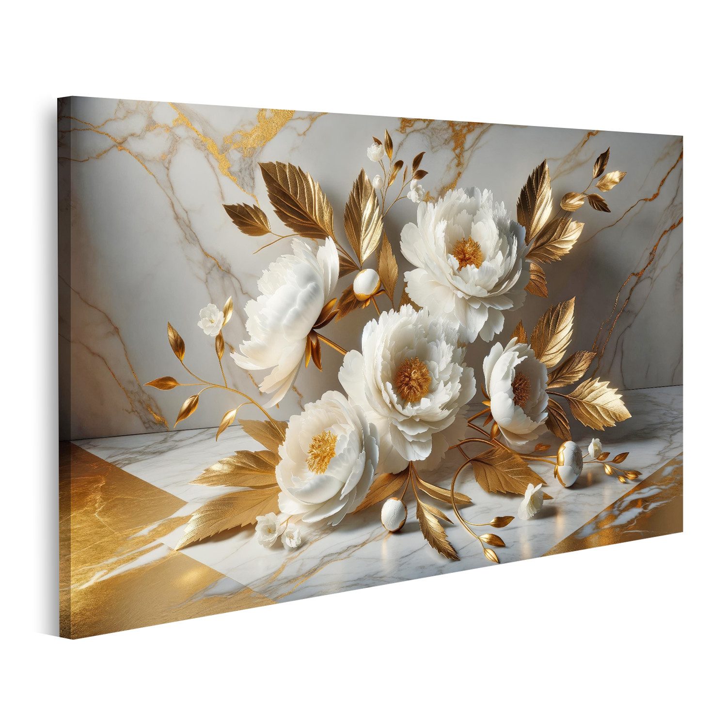 islandburner Leinwandbild Weiße Pfingstrosen und goldene günstig online kaufen
