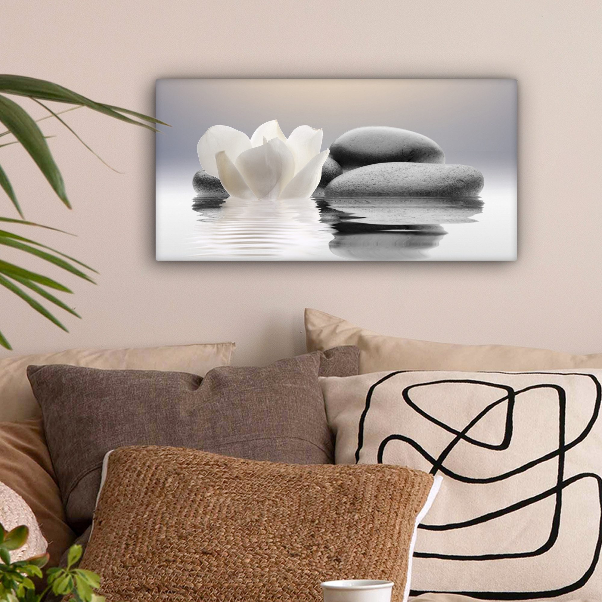 OneMillionCanvasses® Leinwandbild Panorama Steine - Lotus - Weiß - Wasser - günstig online kaufen