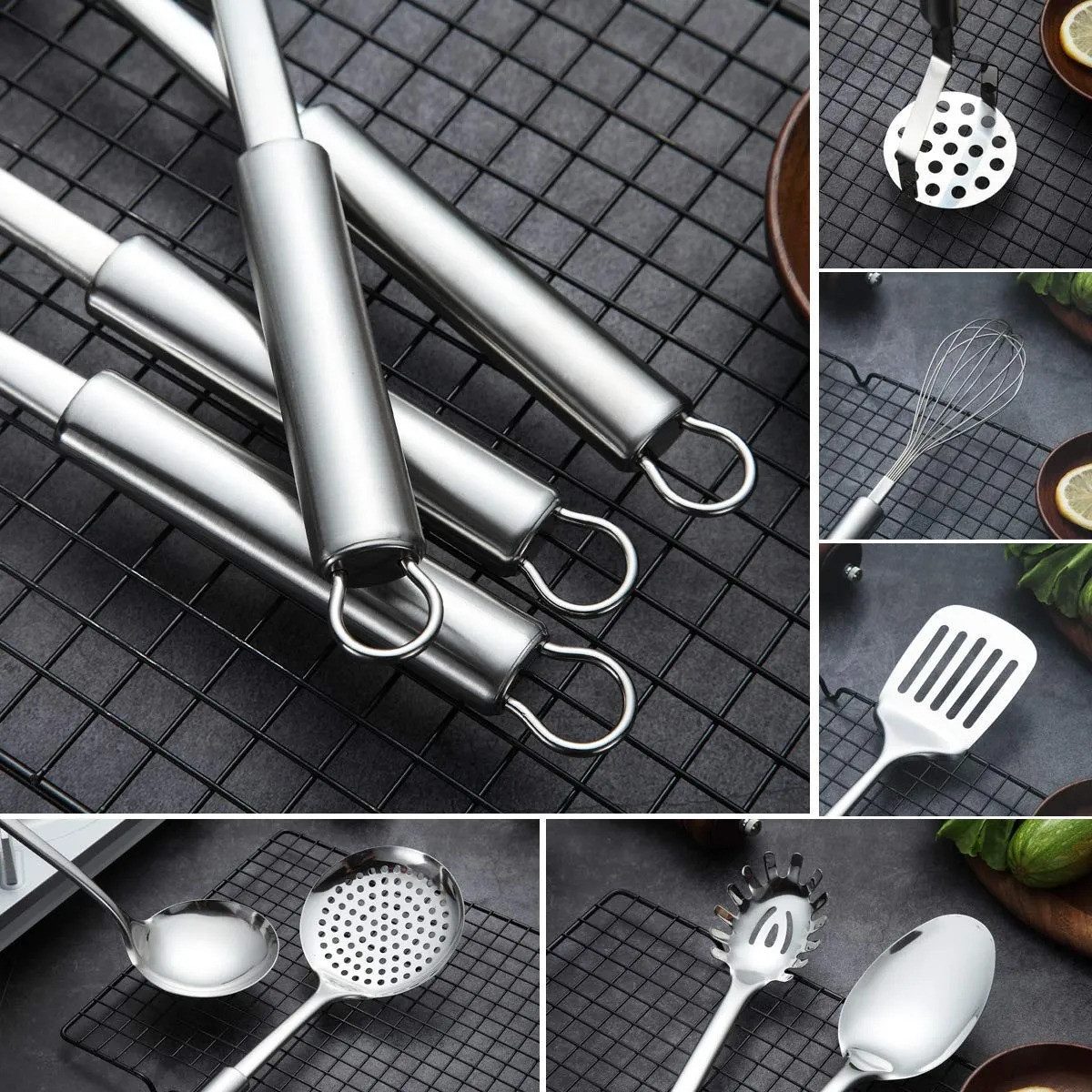 Refined Living Kochbesteck-Set 11-teiliges Edelstahl-Küchengerät Set Küchenhelfer Kochgeschirr (Spar-Set, 11-tlg.Kochzubehör, Küchenhelfer, Bestecksets zum Kochen, Hitzebständig, Langlebig, Hochwertige Konstruktion, küchenutensilien, küchengeräte, 11-tlg., Erhöhen Sie den Standard in Ihrer Küche, Leicht zu reinigen und pflegen), mit Aufhängeösen, Vielseitiges 11-teiliges Set, Silber
