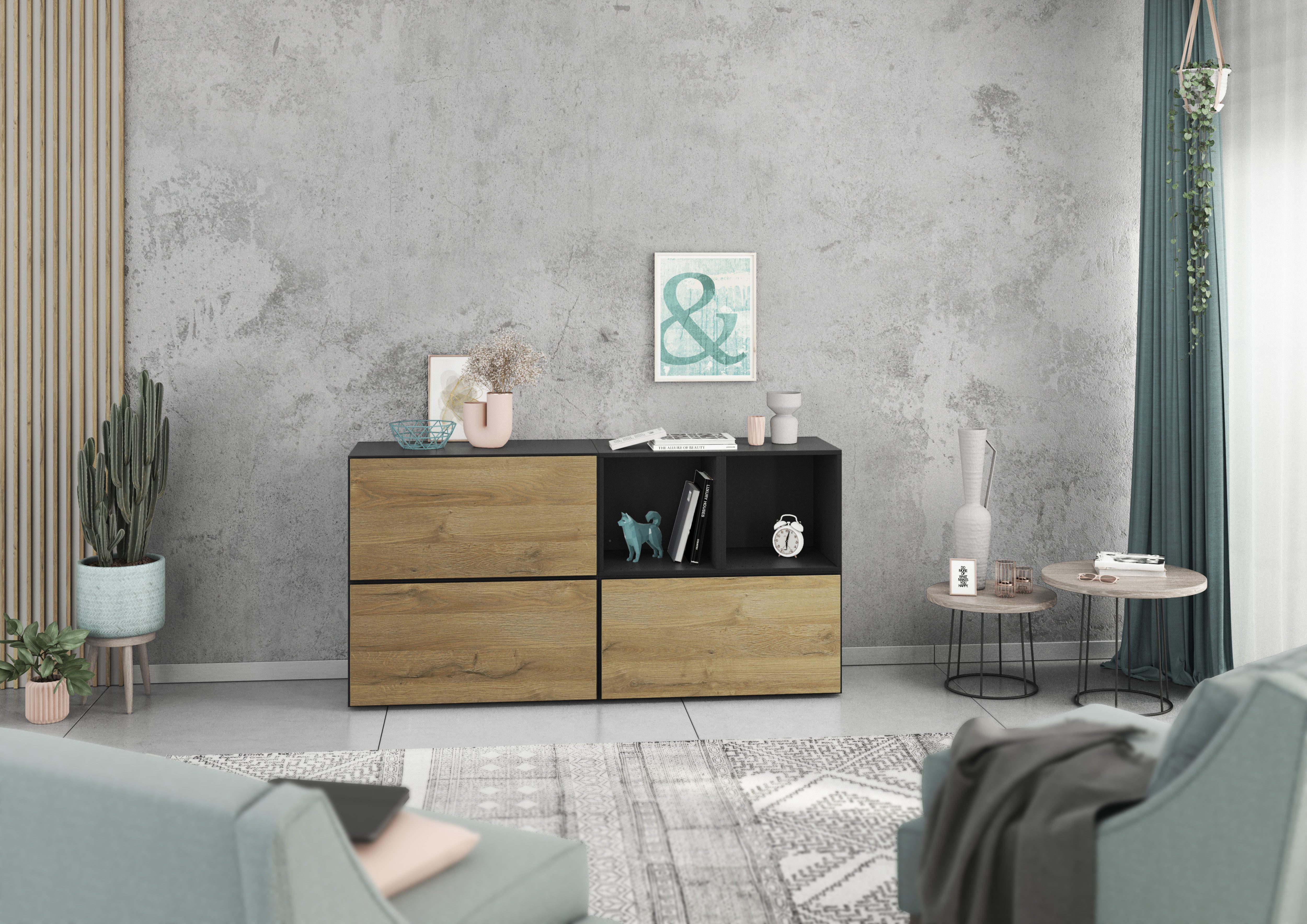 BMG Мебель Sideboard Modul+ (Sideboard 5 tlg. 152 cm breit, bestehend aus 3x Schrank mit Klappe, 2x offenes Würfelregal), MDF tiefgezogenen Fronten mit Softclose, Made in Germany