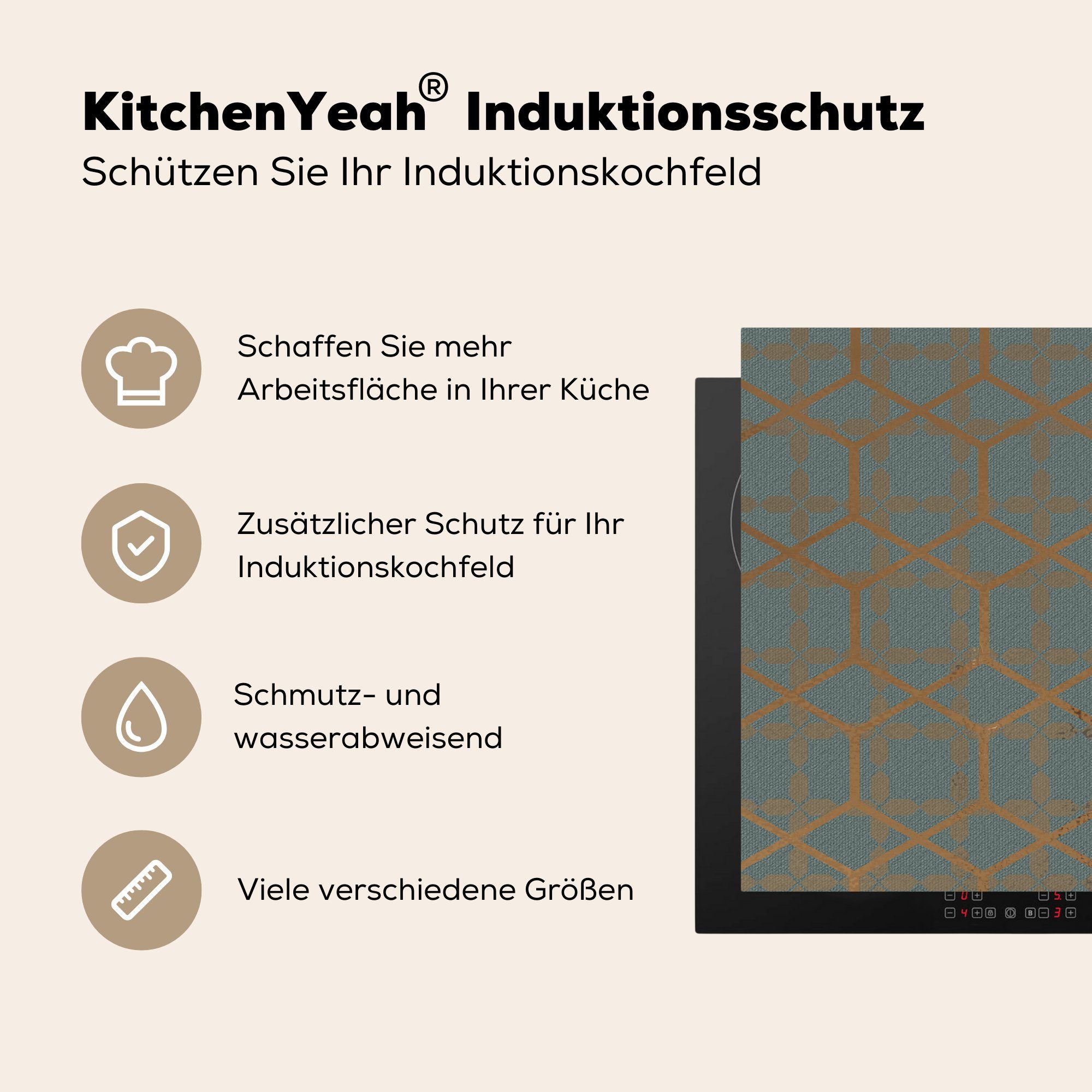 Vinyl, die tlg), Türkis, 81x52 Herdblende-/Abdeckplatte für Muster (1 Schutz MuchoWow - Induktionskochfeld cm, küche, - Gold Ceranfeldabdeckung