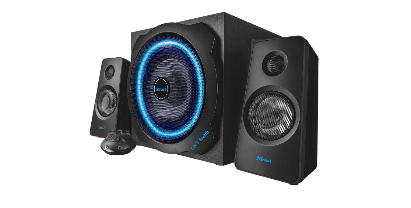 Trust GXT 628 Tytan schwarz PC-Lautsprecher 2.1 (60 W, Hölzerner Subwoofer, Kabelfernbedienung, Kompatibel mit Spielekonsolen)