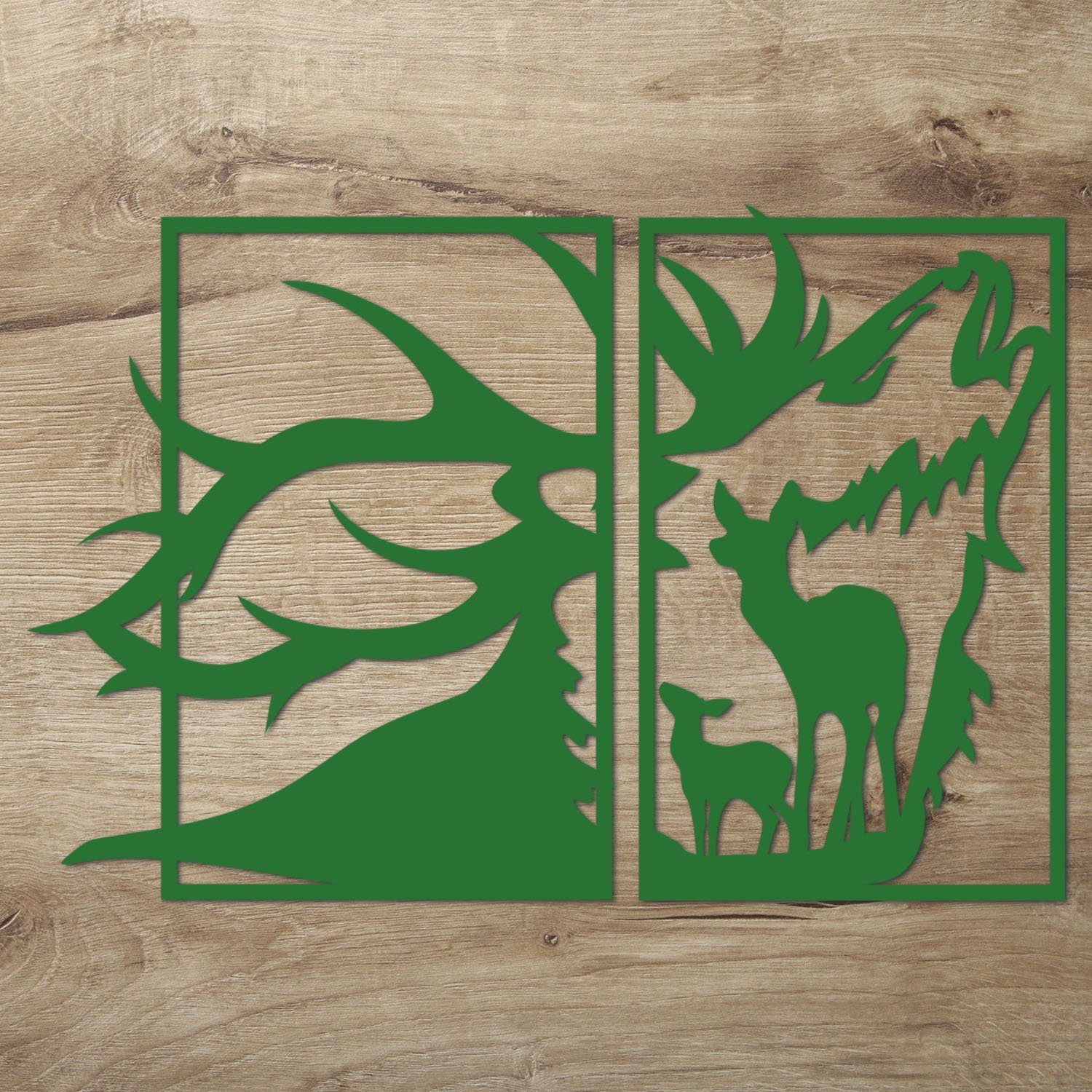 Namofactur Wanddekoobjekt XXL Hirschkopf mit Reh im Rahmen, Holz Deko (2 St., 2-teilig), Wandtattoo Hirsch mit Reh aus Holz in verschieden Farben erhältlich Grün