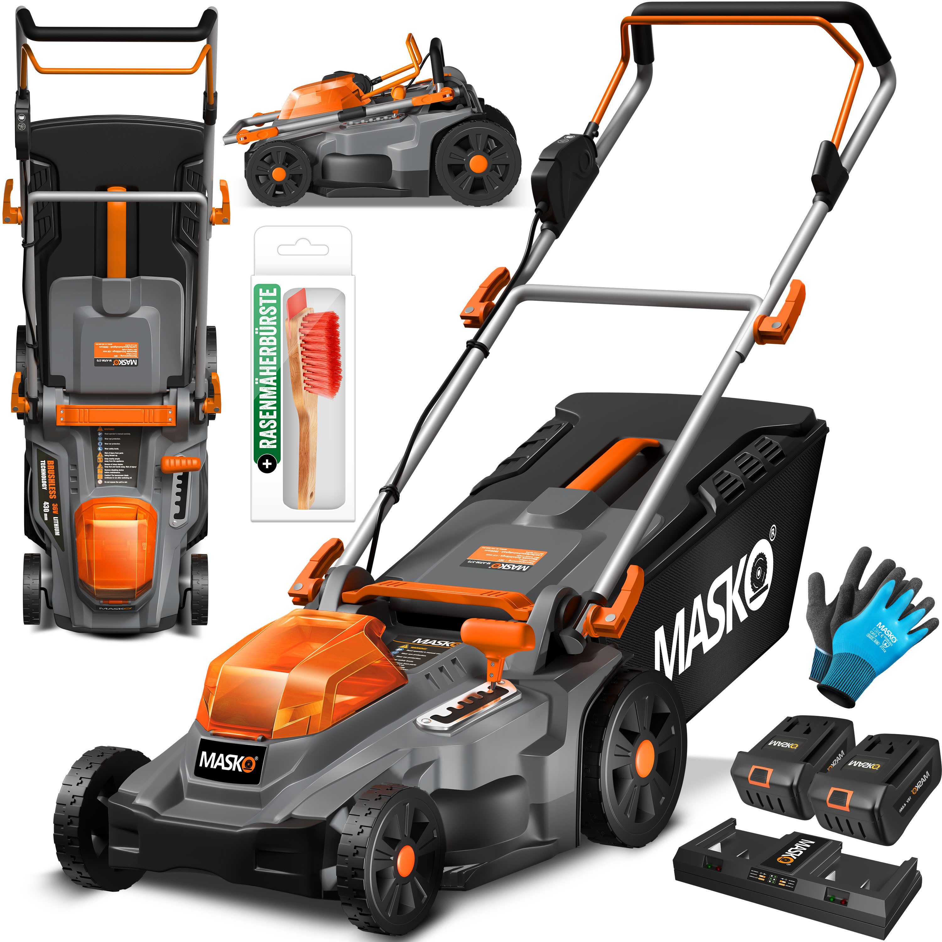 MASKO Akkurasenmäher ECO-X10 43cm Schnittbreite, 55L Fangkorb, 2x 4,0Ah Akkus & Ladegerät, mit Mulchfunktion, 6 Schnitthöhen einstellbar & verstellbare Griffhöhe