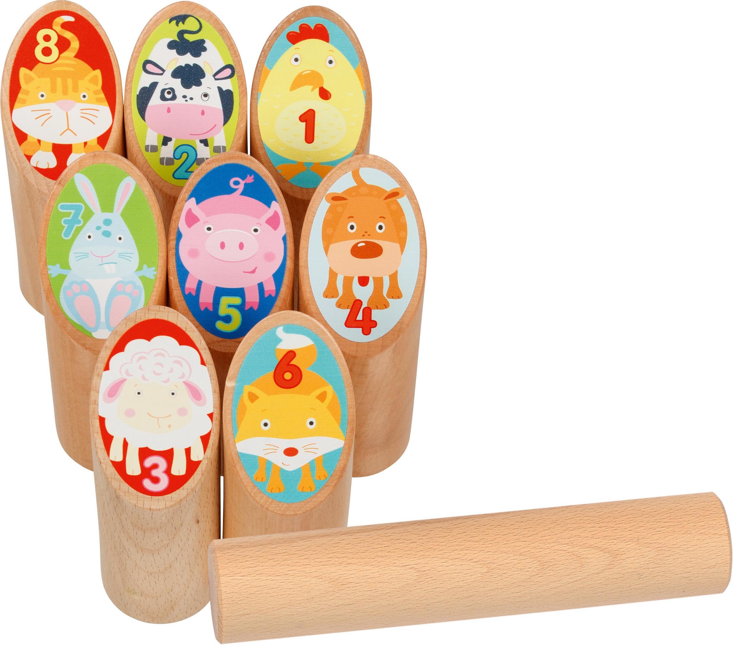 Spielzeug-Gartenset Kubb Wurfspiel für Kinder – Tier-Edition, 8-teilig, aus Holz