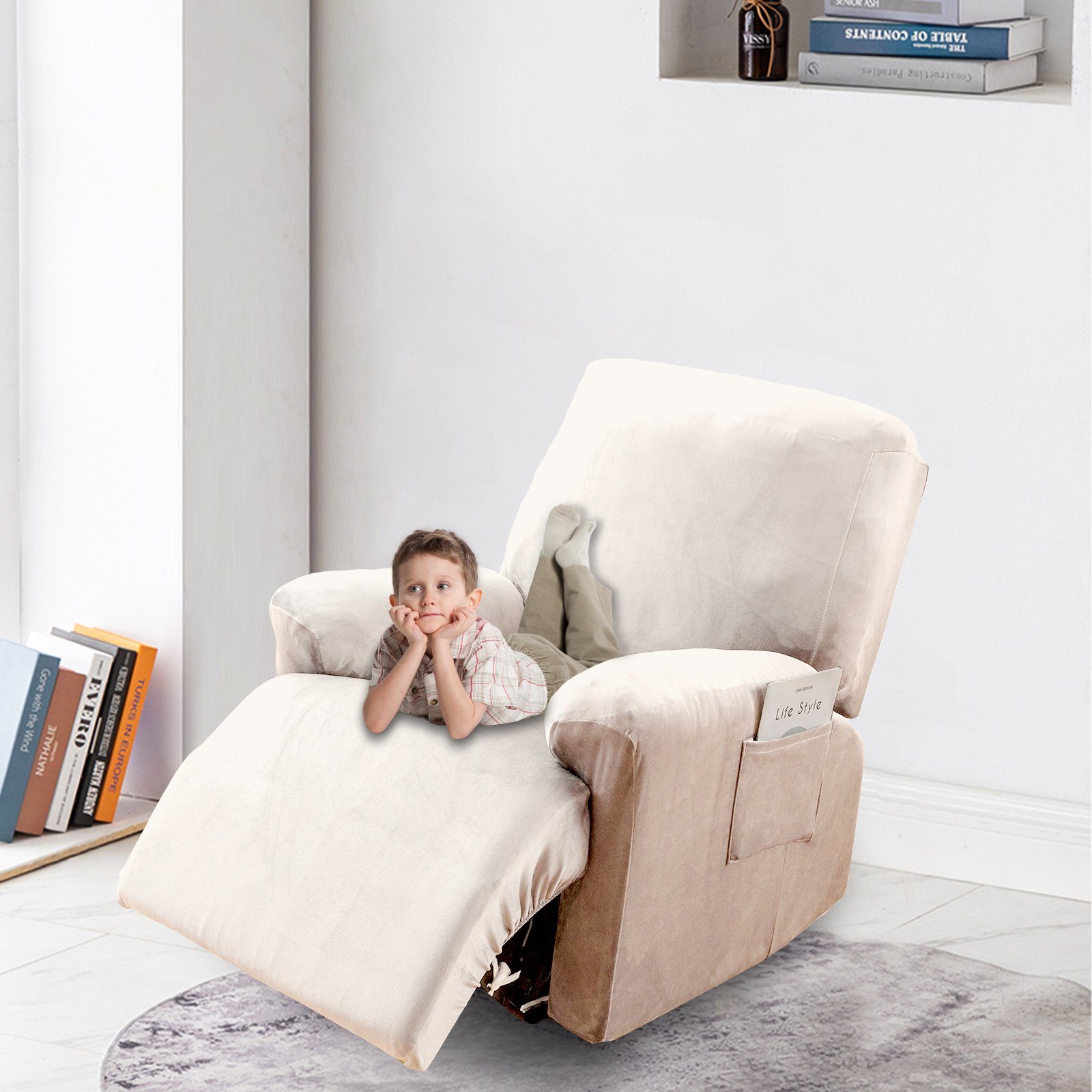 BTTO Relaxsesselhusse Sesselhussen Relaxsesselhusse Samt,Stretch Sesselbezug,4 Teile, für Komplett,Fernsehsessel Liege Sessel Im Wohnzimmer,Schlafzimmer – Bild 3 von 5