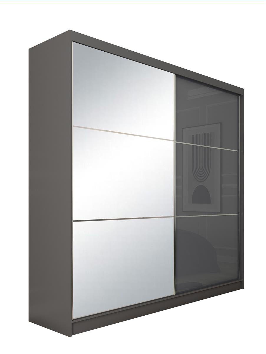 Schwebetürenschrank Graphit Spiegel) (200 Hochglanz Schrank Compleo mit Glas oder mit Garderobe, cm, CINZIA, Lacobel ohne