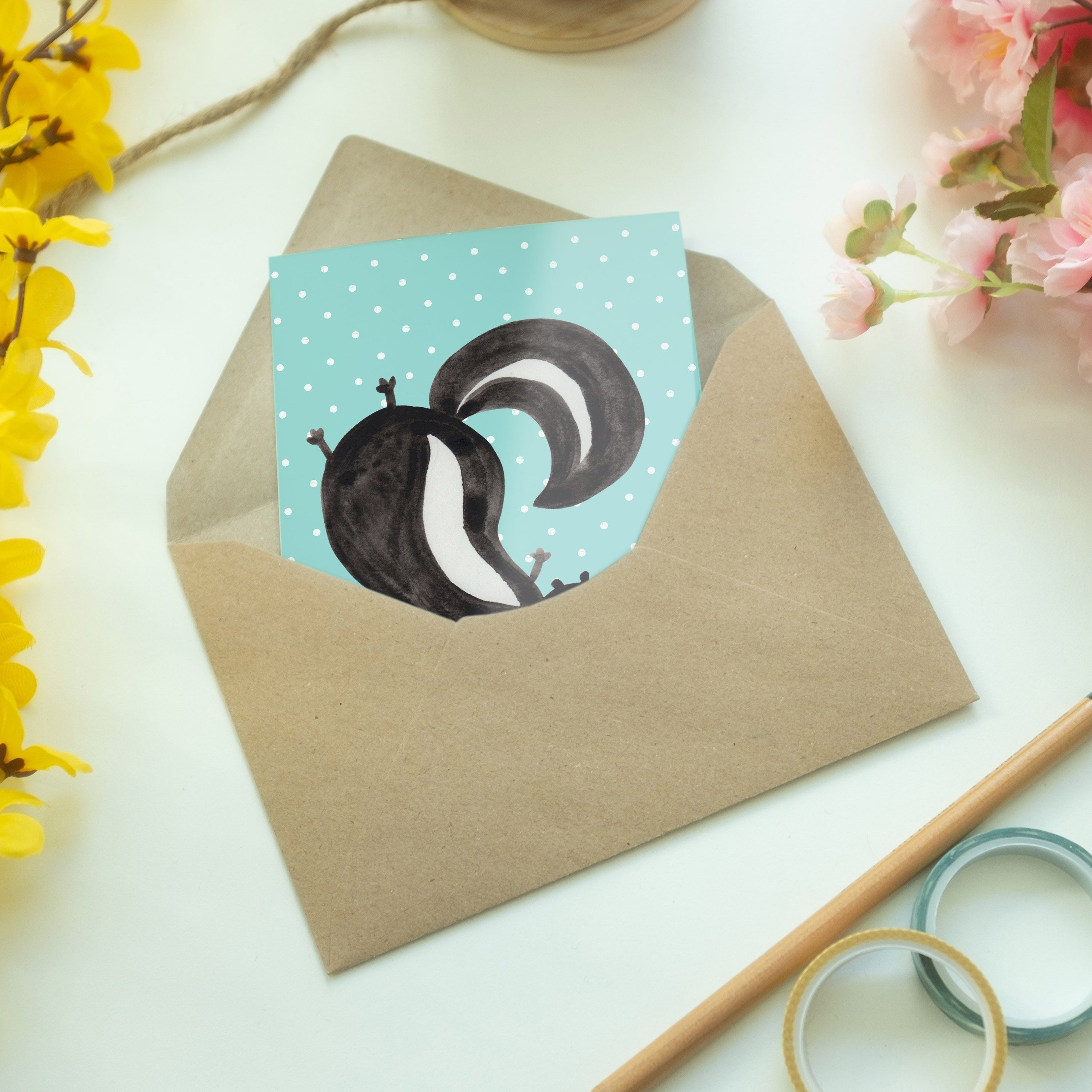 Mr. & Mrs. Panda - Türkis - Pastell Grußkarte Stinktier Geschenk, Handstand Ge Einladungskarte