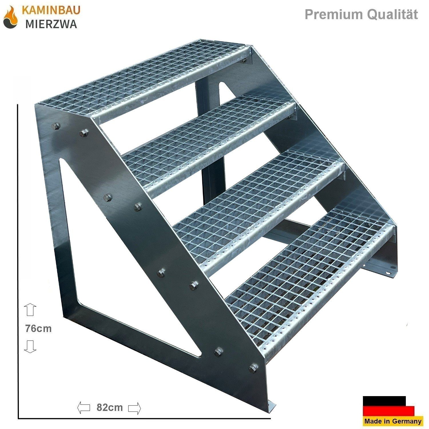 Kaminbau Mierzwa Außentreppe Premium Treppe Verzinkt mit oder ohne Geländer, für Geschosshöhen bis 76.00 cm, Stufen Gitterroststufen nach DIN 24531, (Höhe 76 cm, Stufenbreite und Geländerart wählbar), Gartentreppe Stahltreppe Wetterfest Rostfrei Feuer-Verzinkt Rutschfest