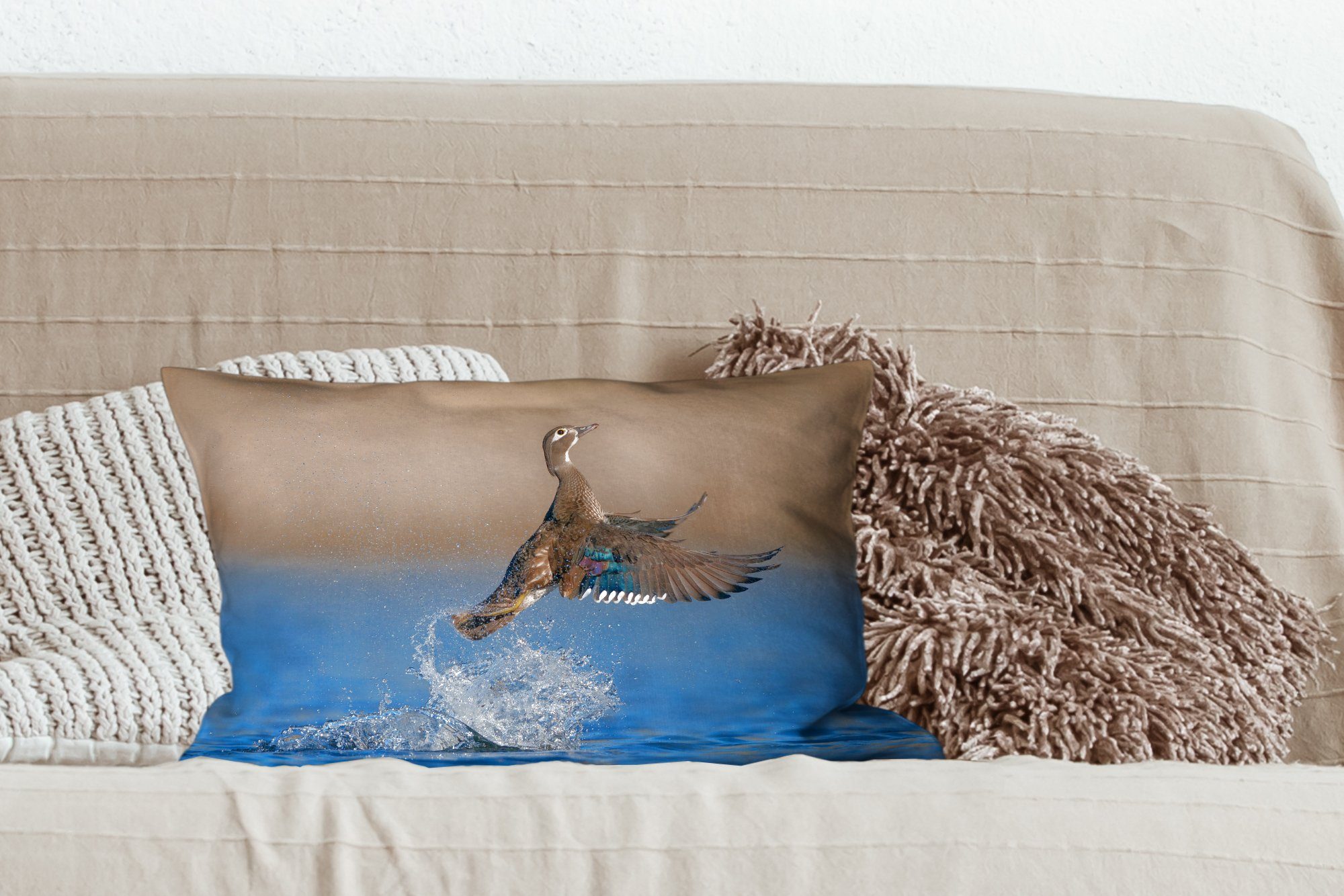 Zierkissen, Schlafzimmer - Dekokissen - Wasser, Flügel mit Dekoration, MuchoWow Dekokissen Ente Füllung, Wohzimmer