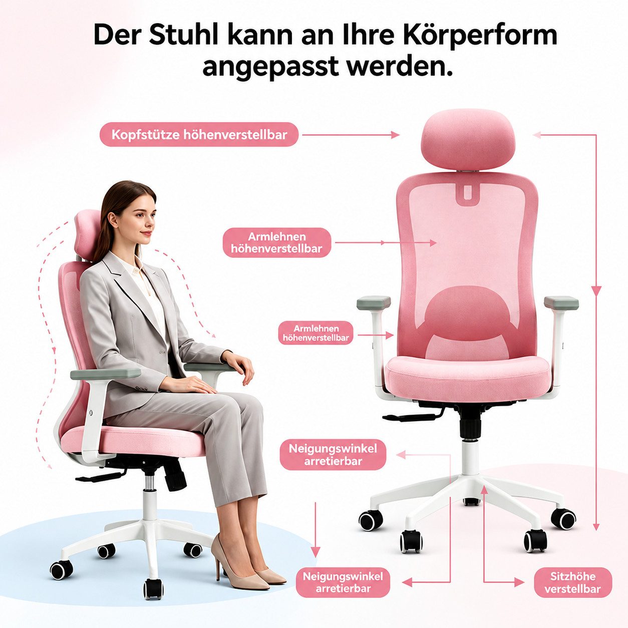 Milacyee Bürostuhl Chefsessel Wippfunktion 200kg belastbar ergonomisch,Bürostuhl (Verstellbare und feststellbare Lendenstütze + Kopfstütze + höhenverstellbare A – Bild 5 von 5