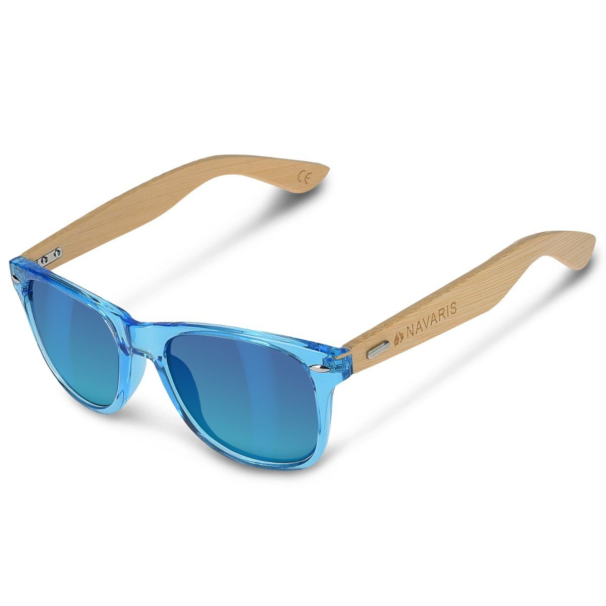 Navaris Sonnenbrille UV400 Unisex Brille mit Bambus Bügeln - Holzbrille mit Etui Blau